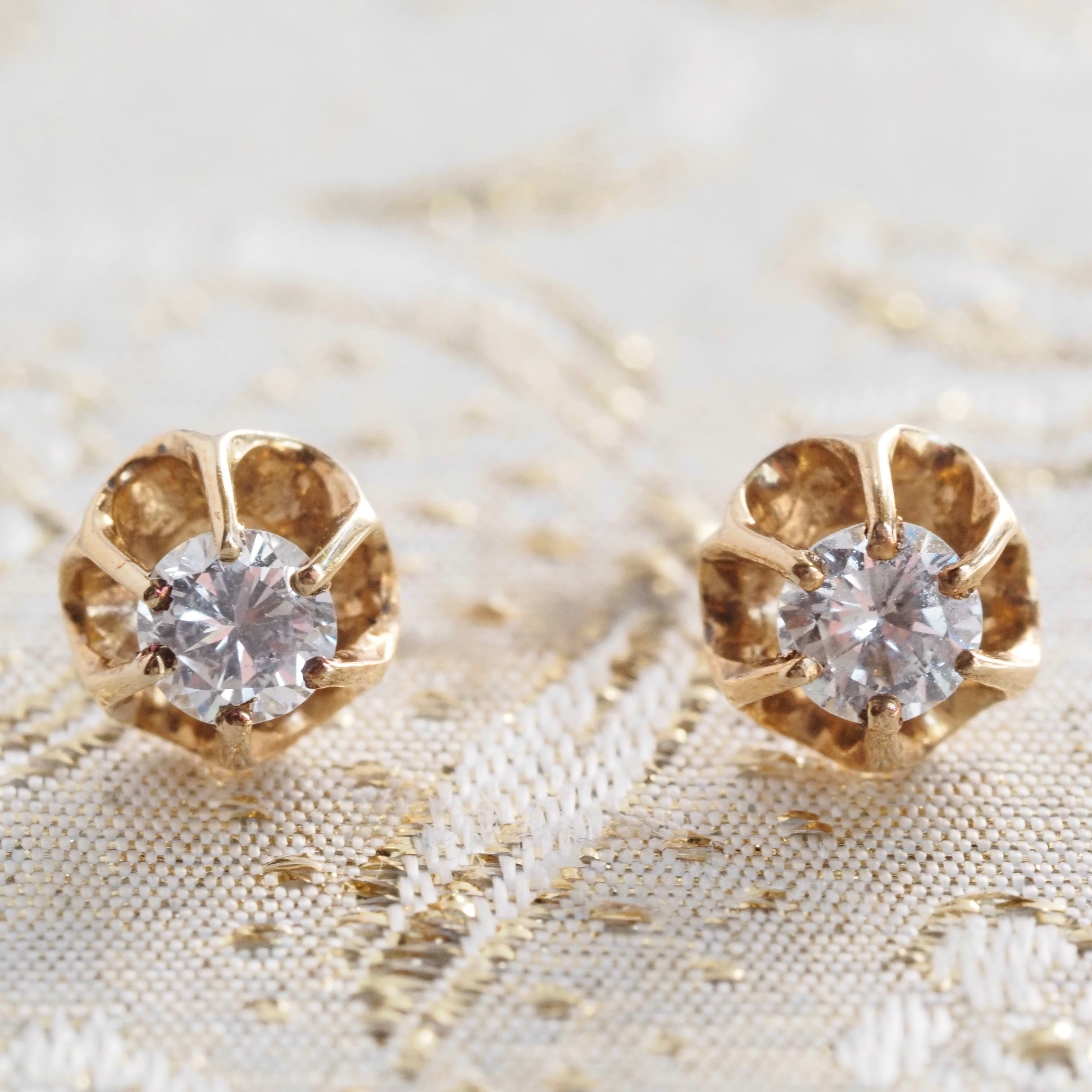 Vintage Round Brilliant Cut Diamond Buttercup 14k Gold Earrings