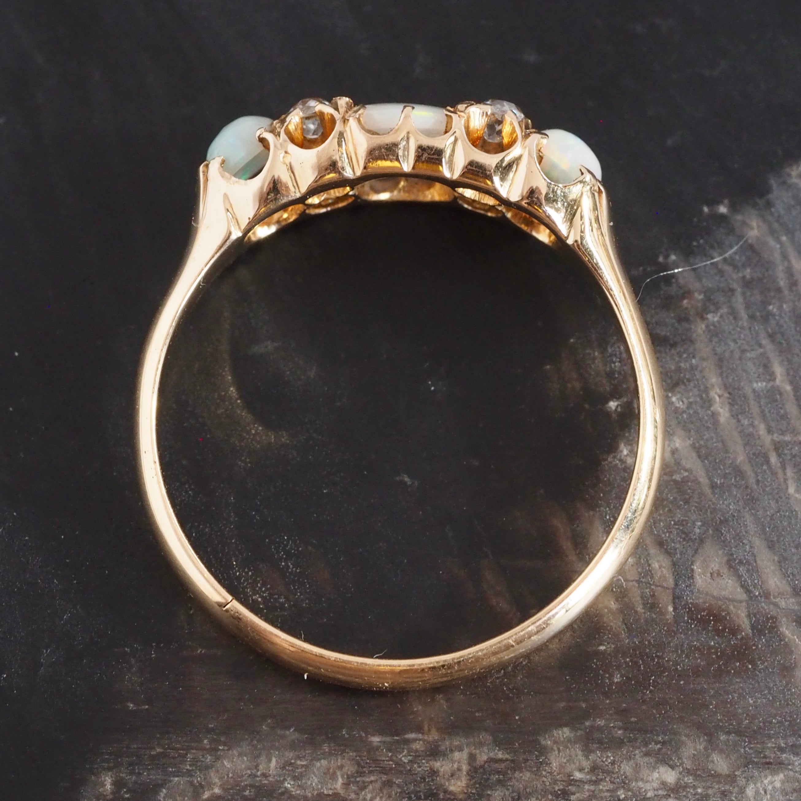 Antique Victorian c. 1890 18k Gold Opal and Old Mine Cut Diamond Ring