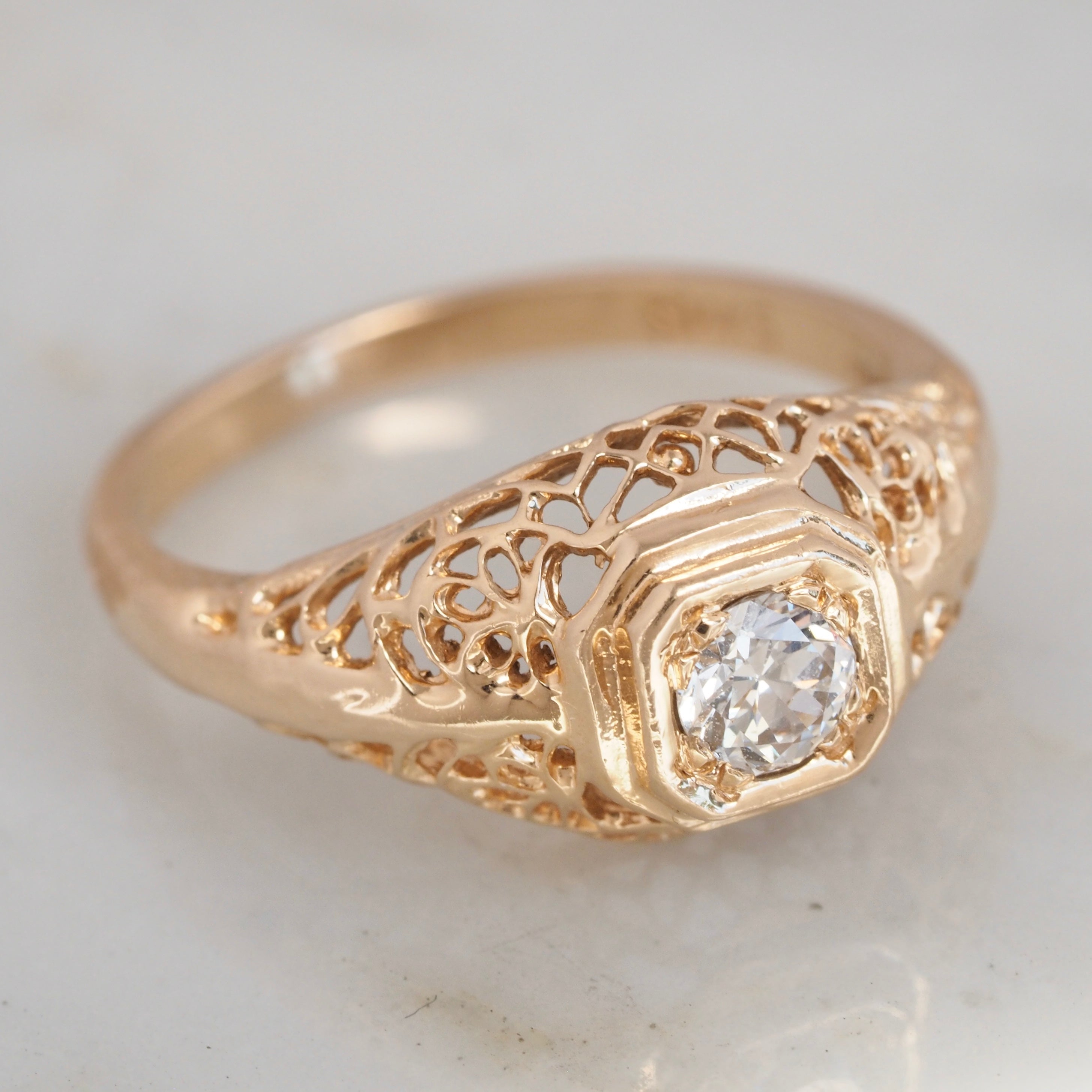 Vintage Art Deco Inspired Filigree Old European Cut Diamond 14k Gold Engagement Ring