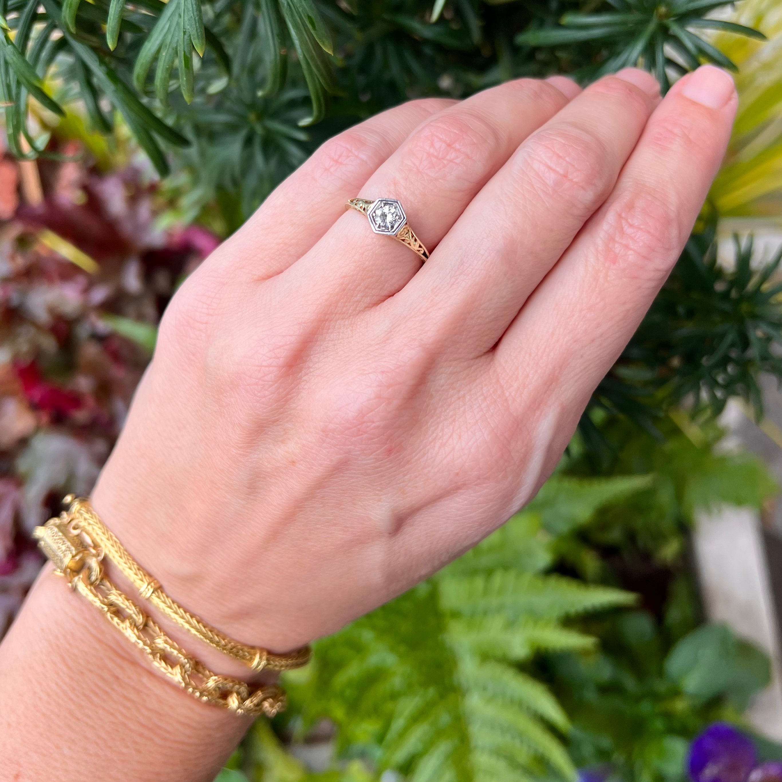 Antique Art Deco 15k Gold and Platinum Hexagon Diamond Ring