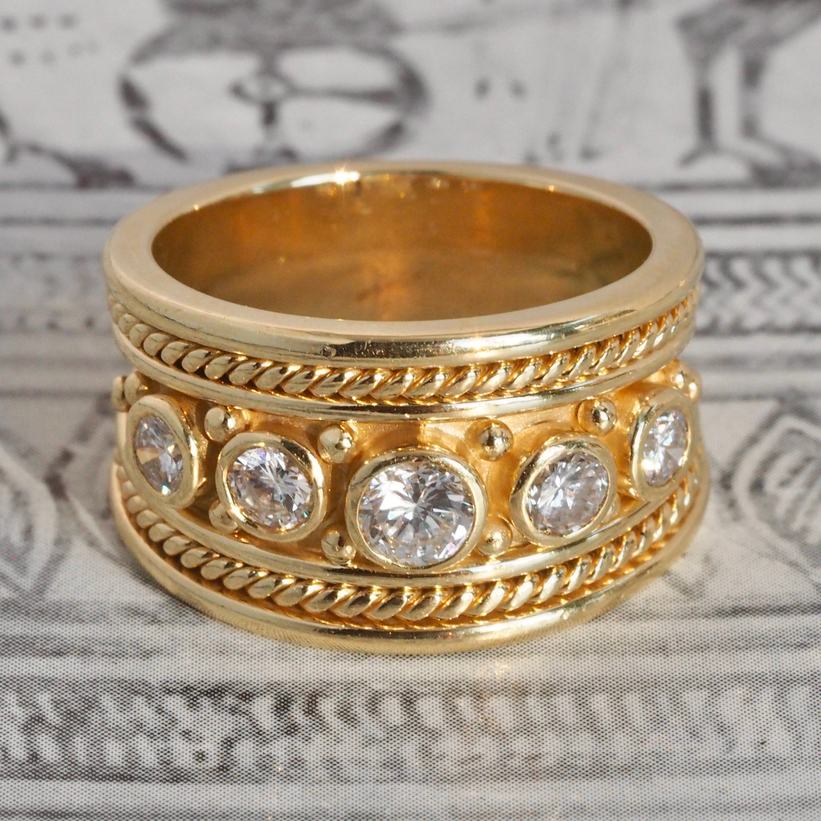 Vintage Byzantine Revival 18k Gold Five Stone Diamond Ring