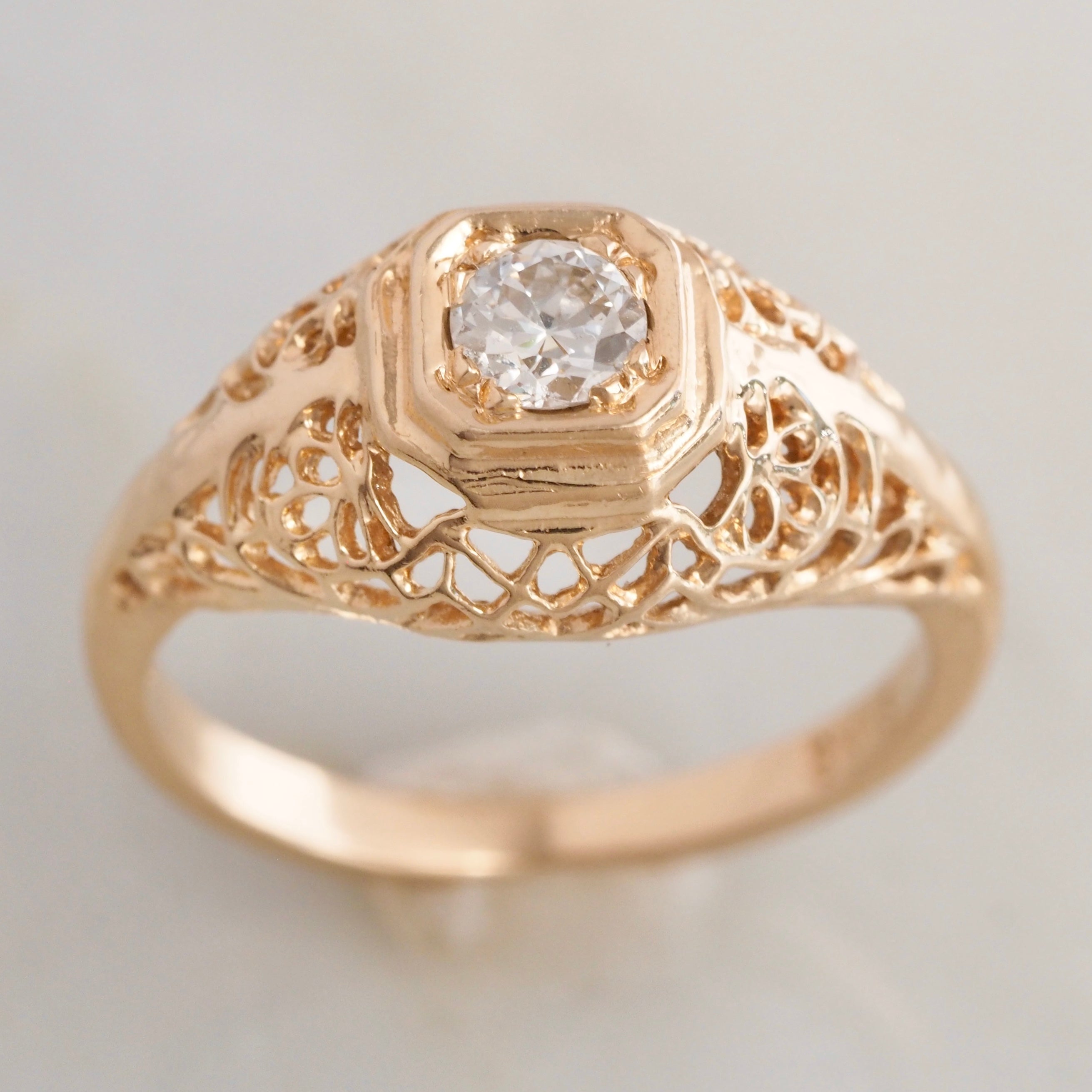 Vintage Art Deco Inspired Filigree Old European Cut Diamond 14k Gold Engagement Ring