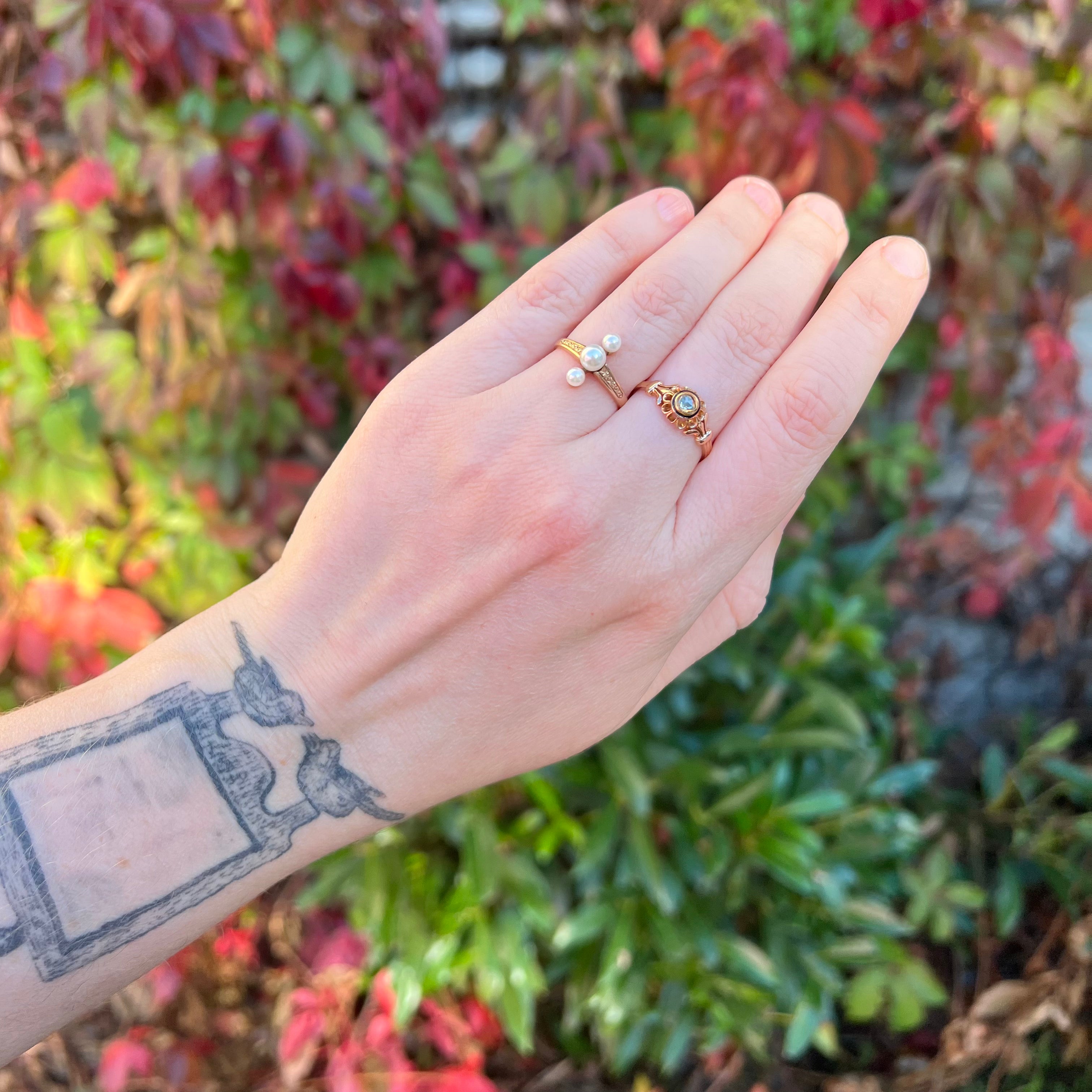 Antique Victorian 18k Rose Gold Foiled Back Rose Cut Diamond and Enamel Ring