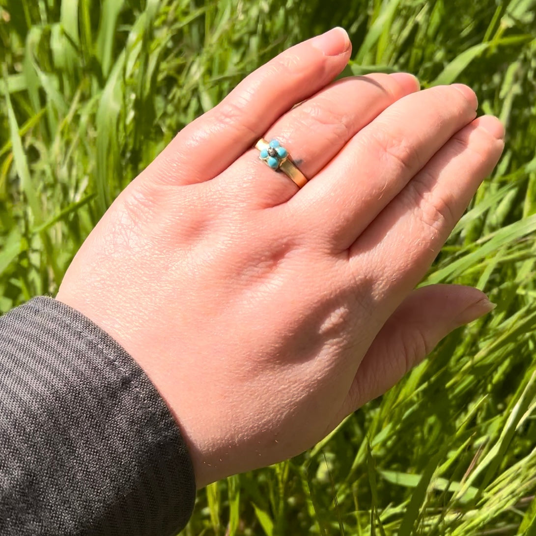 Antique Victorian c. 1889 18k Gold Diamond and Enamel Forget Me Not Ring