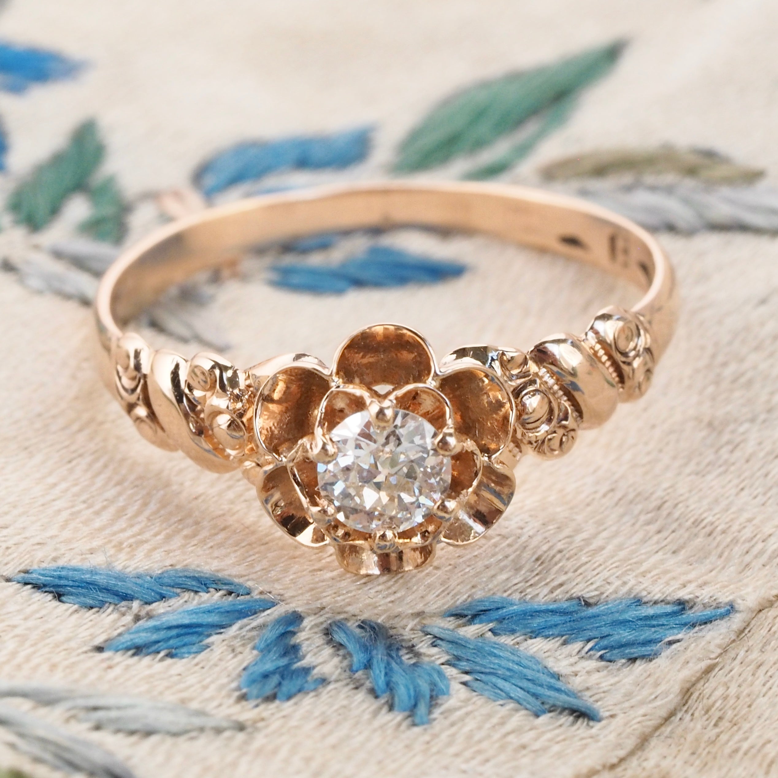 Antique Victorian 10k Gold Old European Cut Diamond Flower Ring