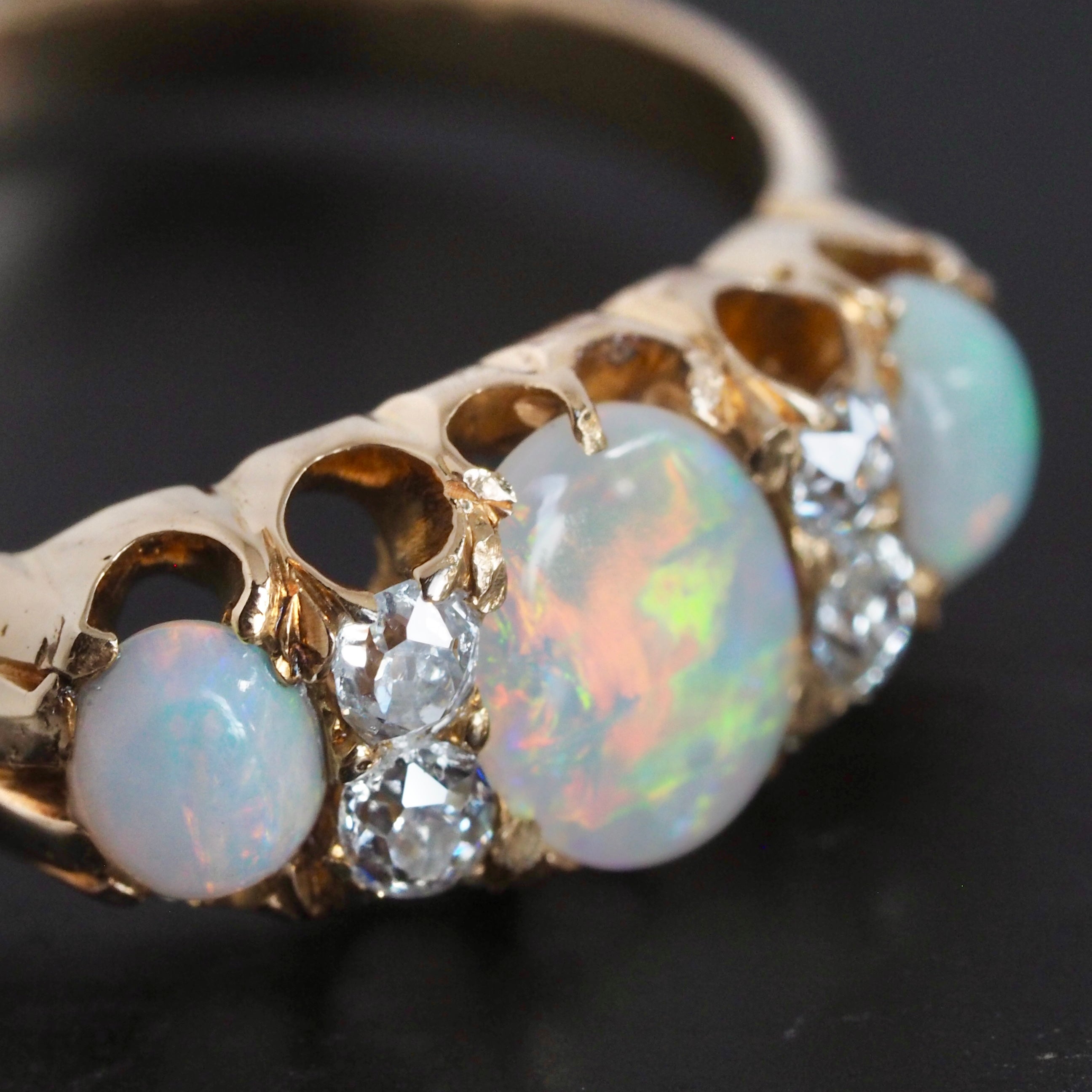 Antique Victorian c. 1890 18k Gold Opal and Old Mine Cut Diamond Ring