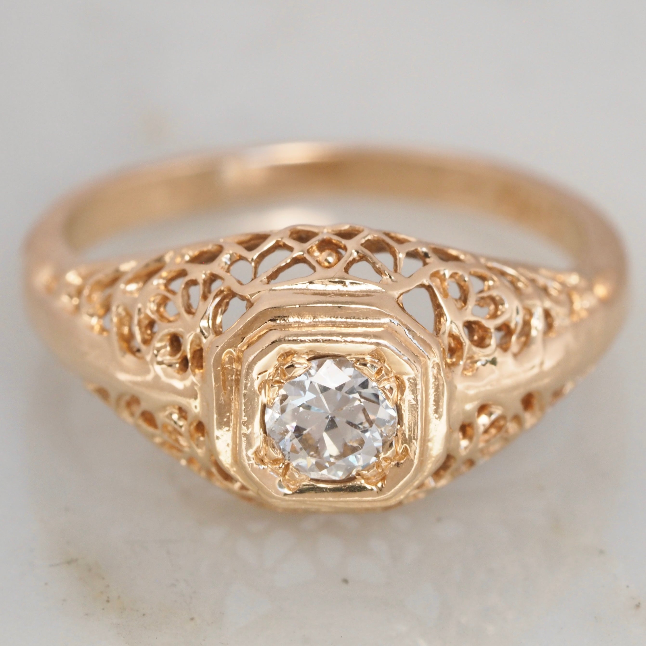Vintage Art Deco Inspired Filigree Old European Cut Diamond 14k Gold Engagement Ring
