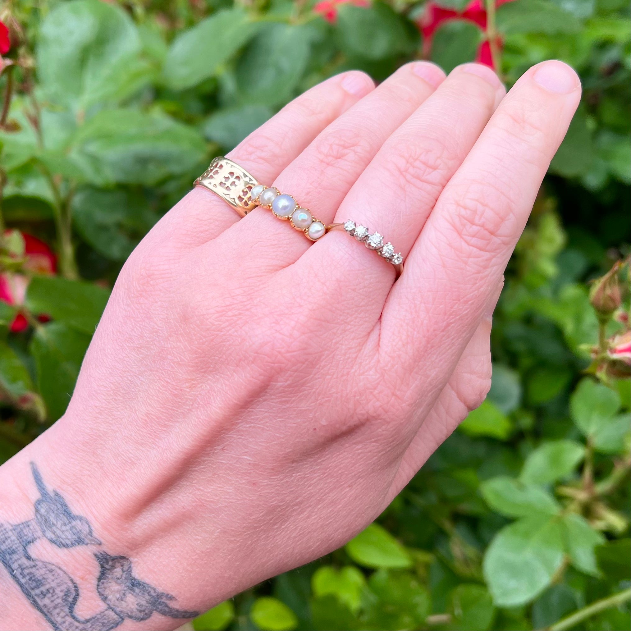 Antique English 18k Gold and Platinum Five Stone Old Mine Cut Diamond Ring