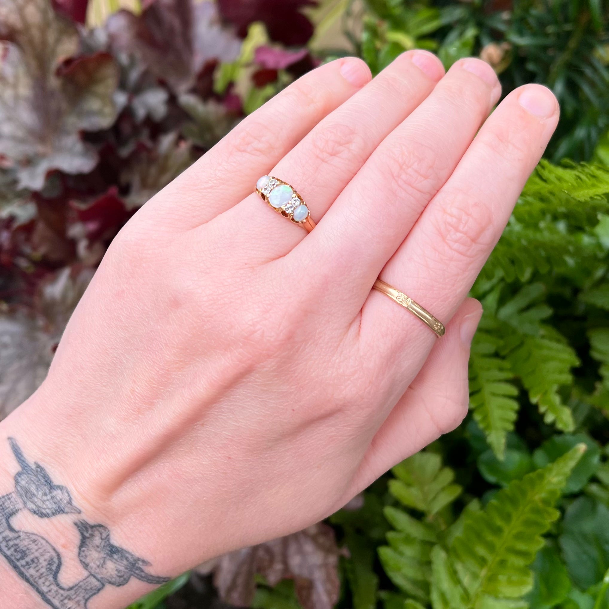 Antique Victorian c. 1890 18k Gold Opal and Old Mine Cut Diamond Ring