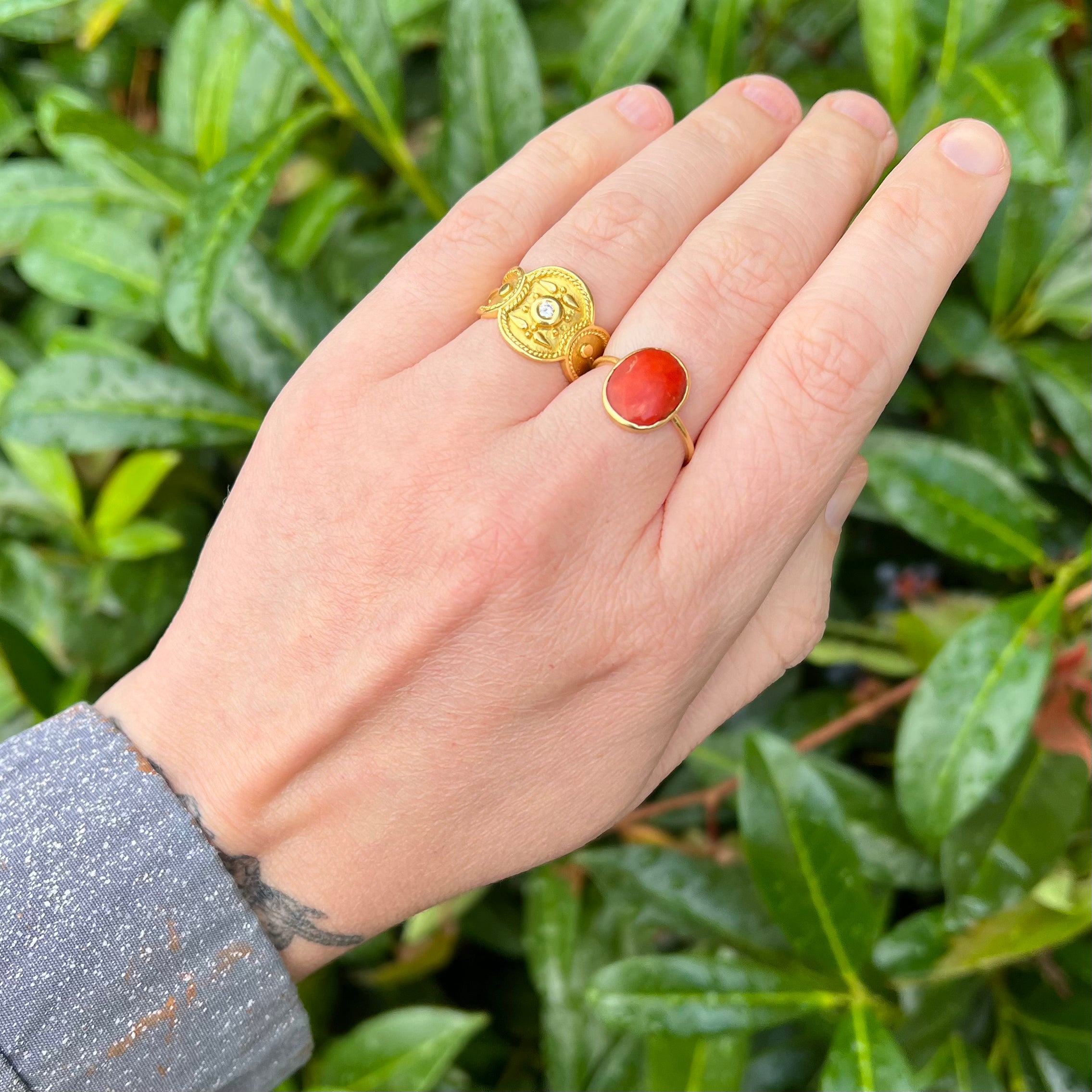 Antique Italian 22k Gold Bezel Set Coral Ring