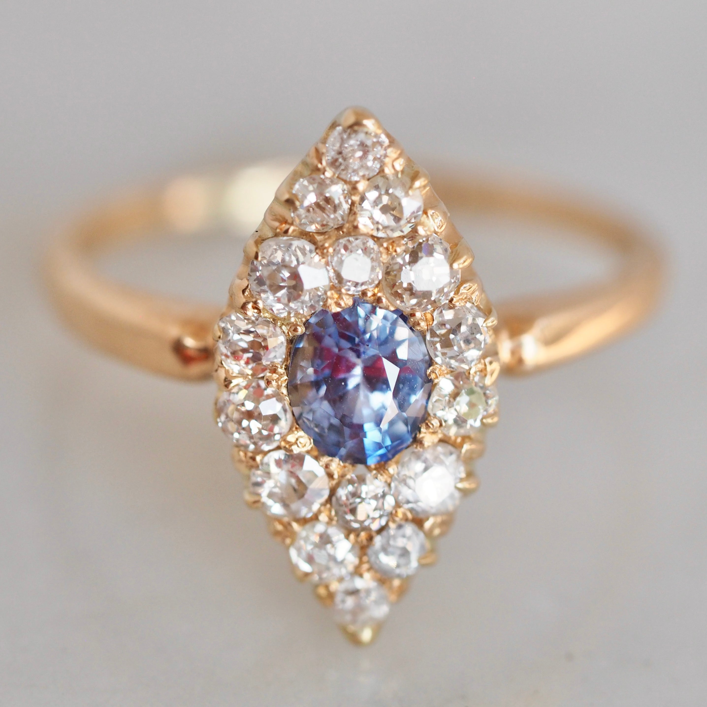 Antique Edwardian 18k Gold Natural Sapphire and Old Mine Cut Diamond Eye Ring