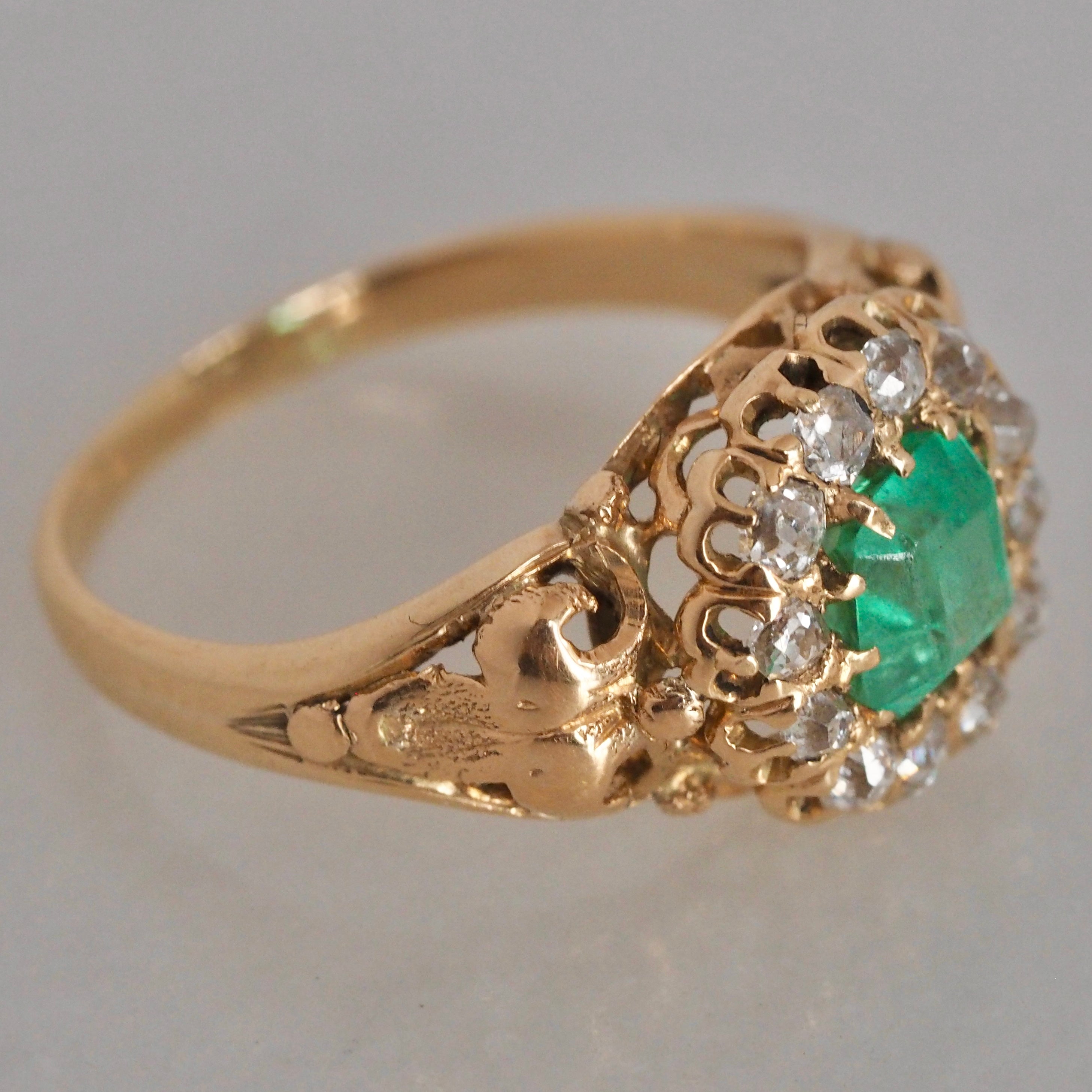 Antique Victorian 14k Gold Emerald and Old Mine Cut Diamond Halo Ring