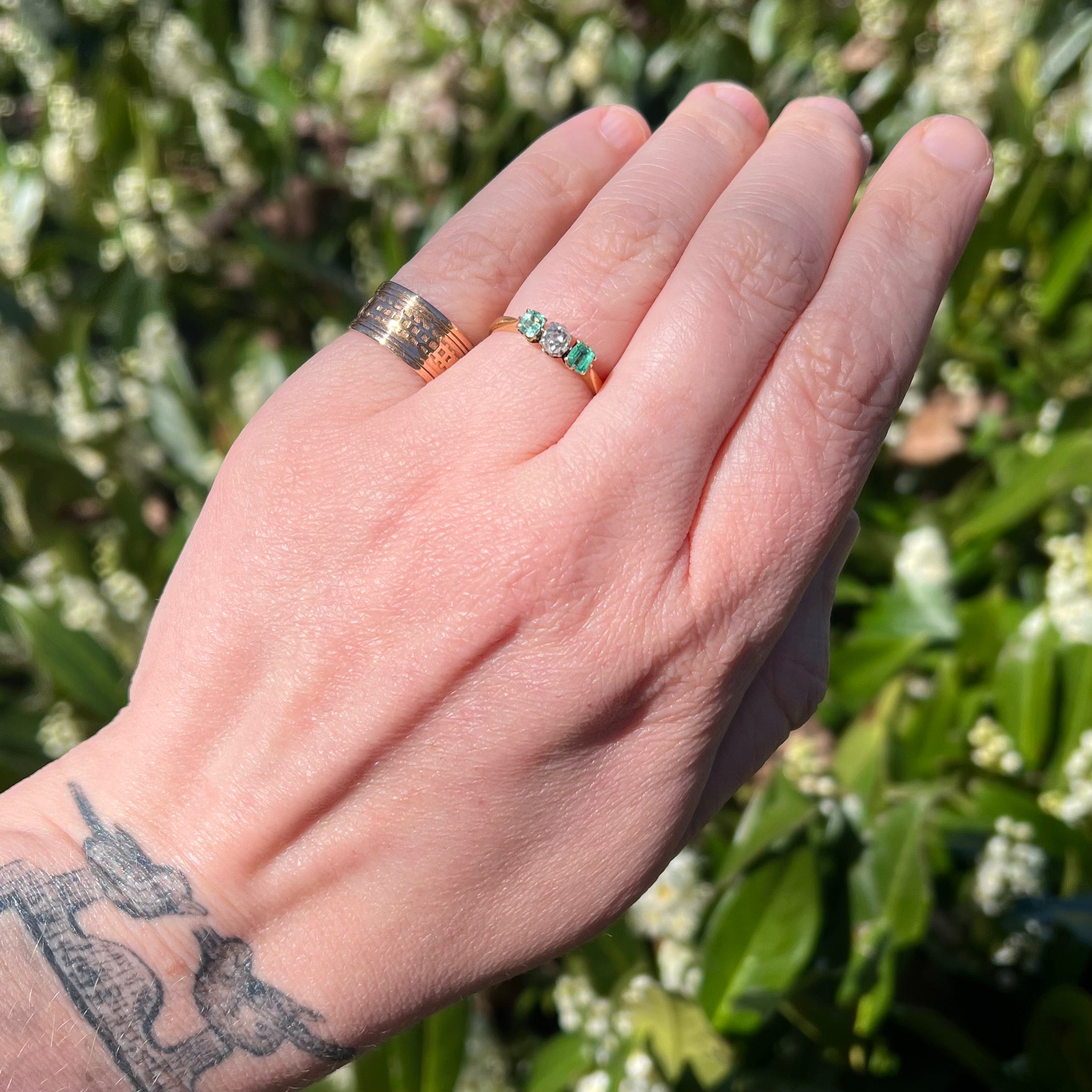 Antique Victorian 14k Gold Emerald and Old Mine Cut Diamond Trilogy Ring