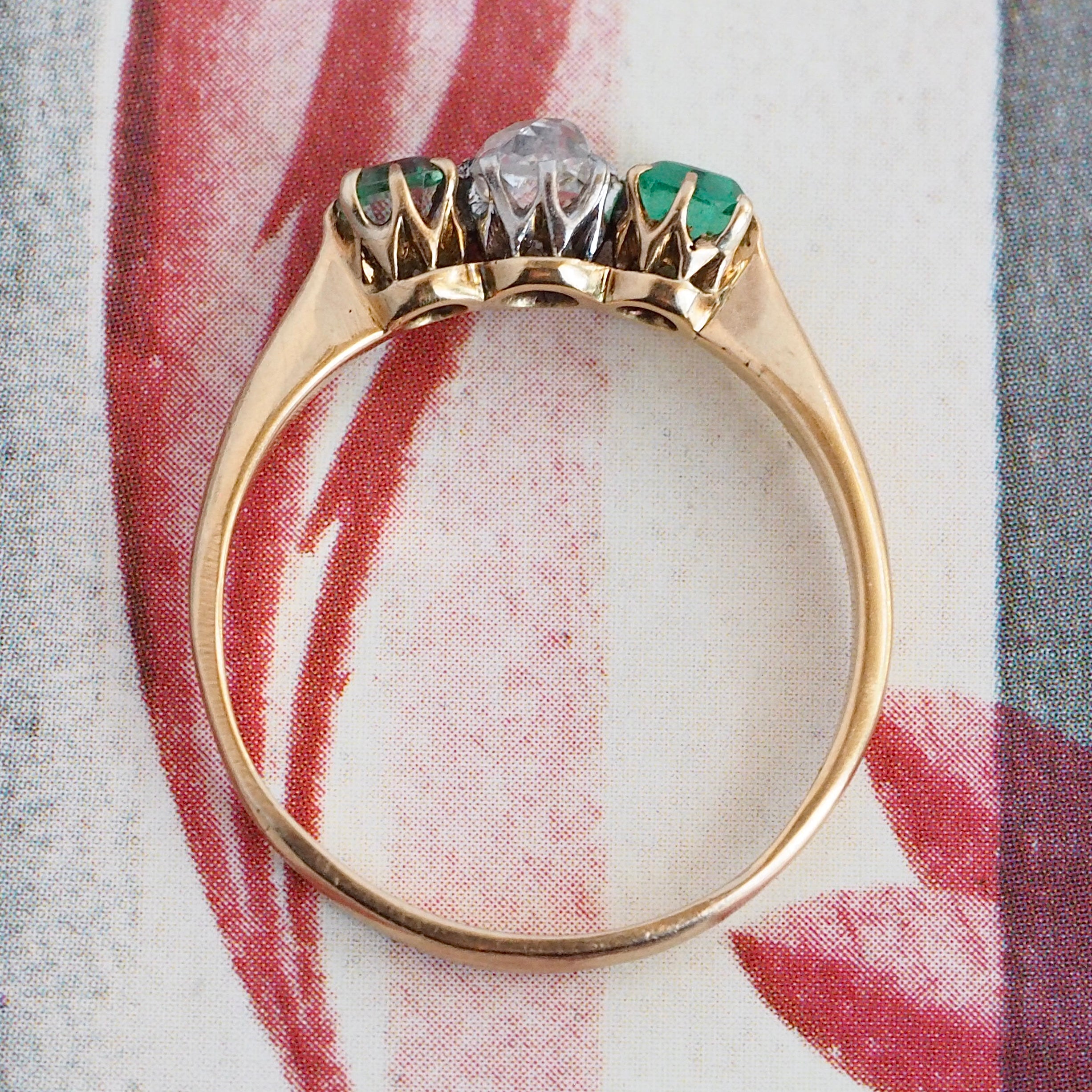 Antique Victorian 14k Gold Emerald and Old Mine Cut Diamond Trilogy Ring