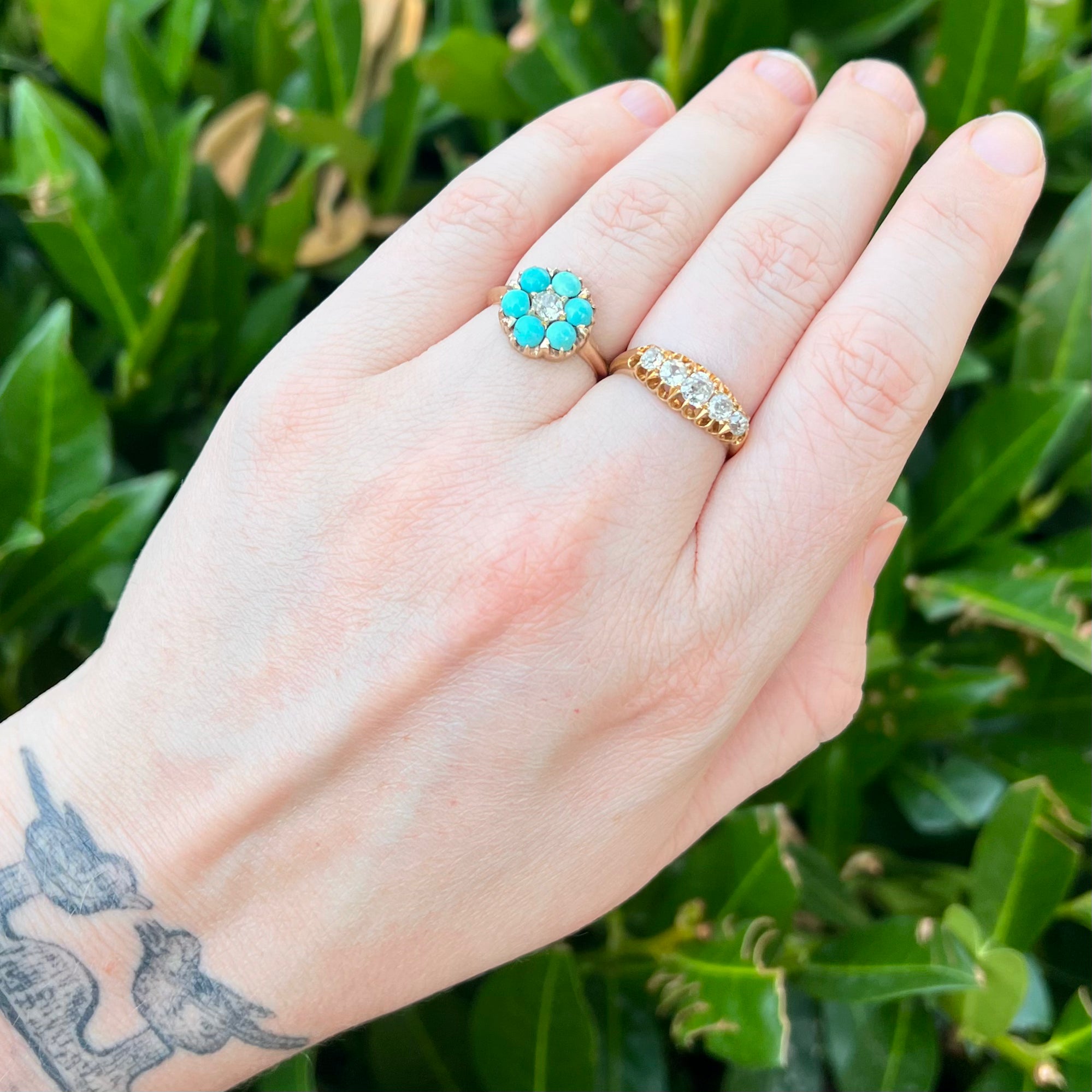 Victorian 10k Gold Turquoise and Old Mine Cut Diamond Flower Ring
