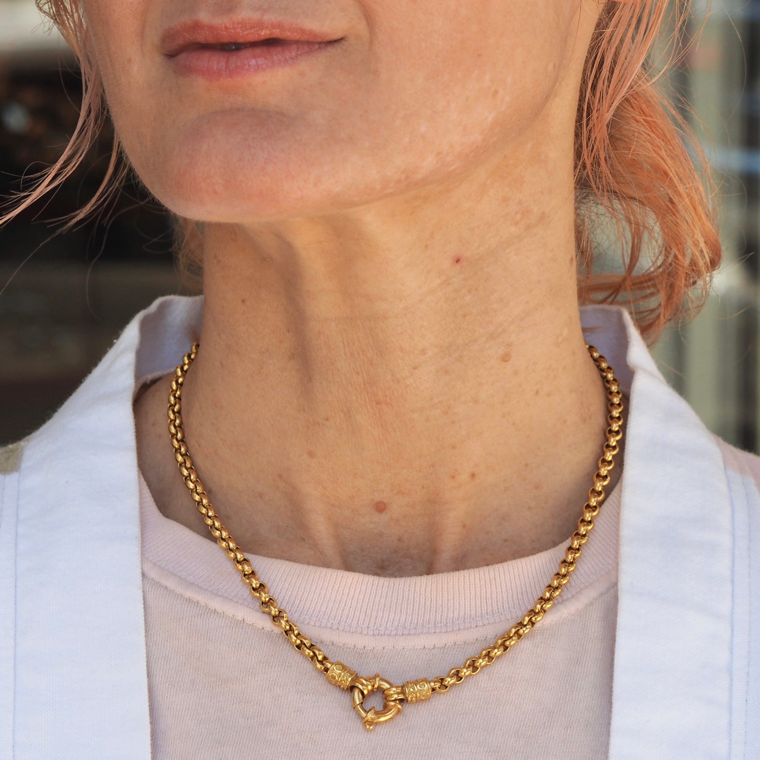 Vintage Portuguese 19k Gold Rolo Link Chain Bolt Clasp Necklace