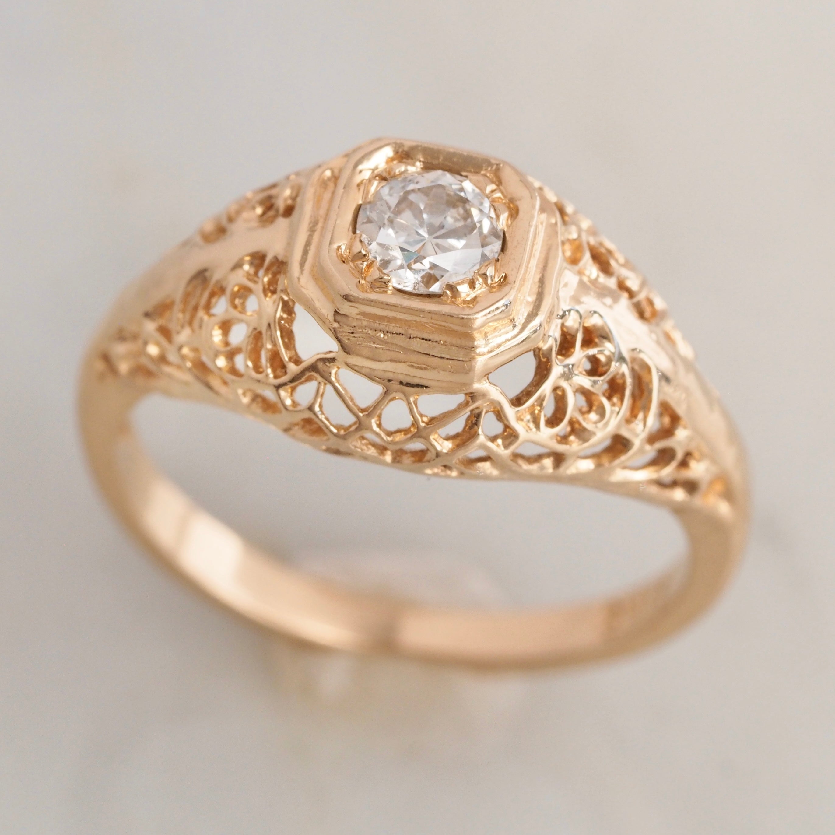 Vintage Art Deco Inspired Filigree Old European Cut Diamond 14k Gold Engagement Ring