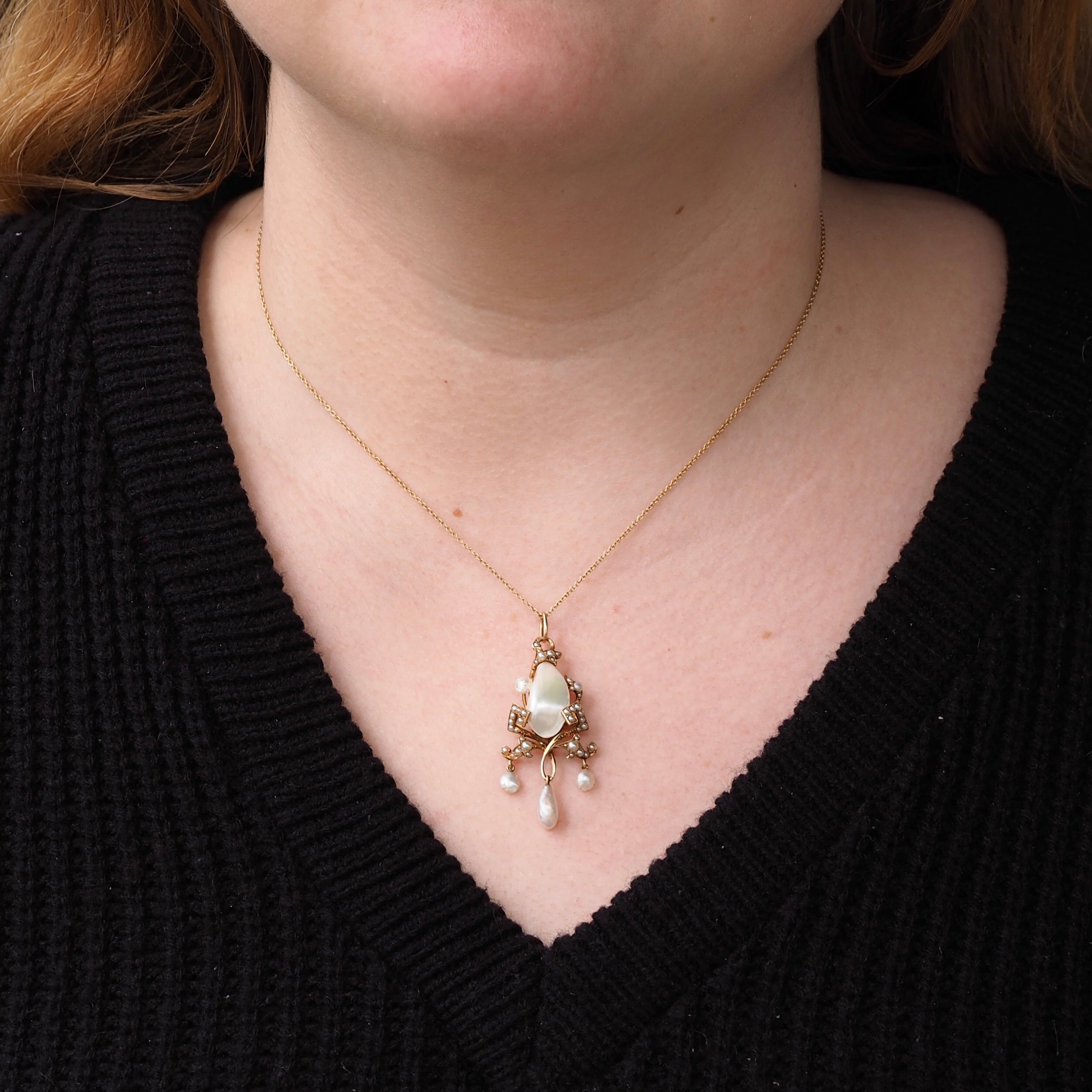 Antique Victorian 14k Gold Pearl Lavalier Necklace