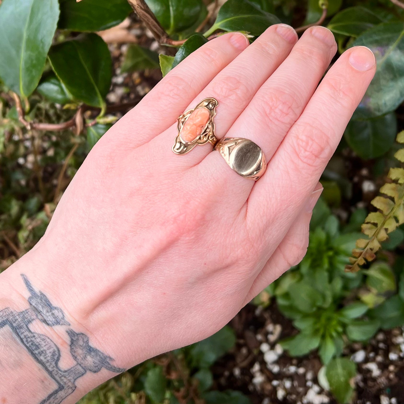 Antique Art Nouveau 14k Gold Coral Cameo Ring
