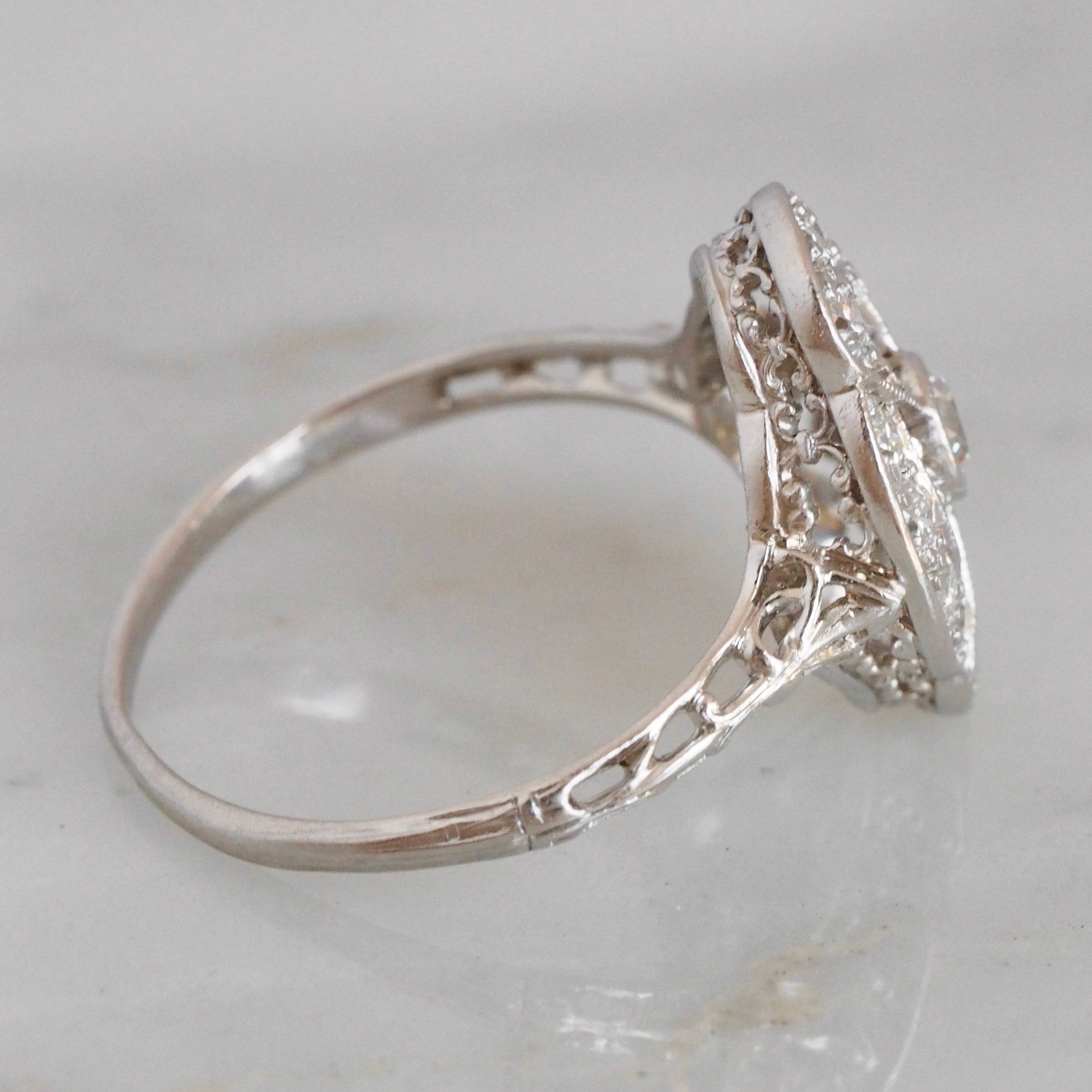 Antique Art Deco Platinum Filigree Old European Cut Diamond Shield Ring