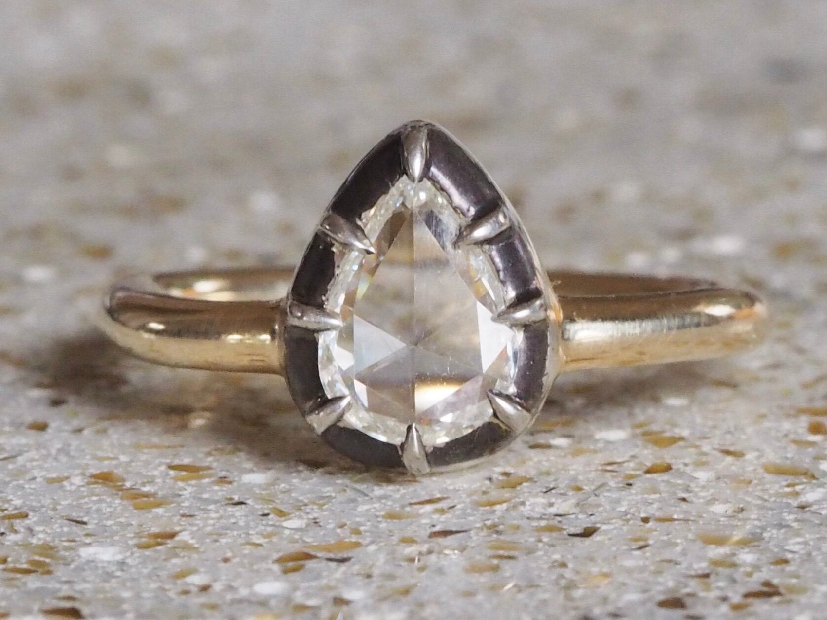 Georgian Style 14k Gold Sterling Silver Pear Shaped Rose Cut Diamond Ring