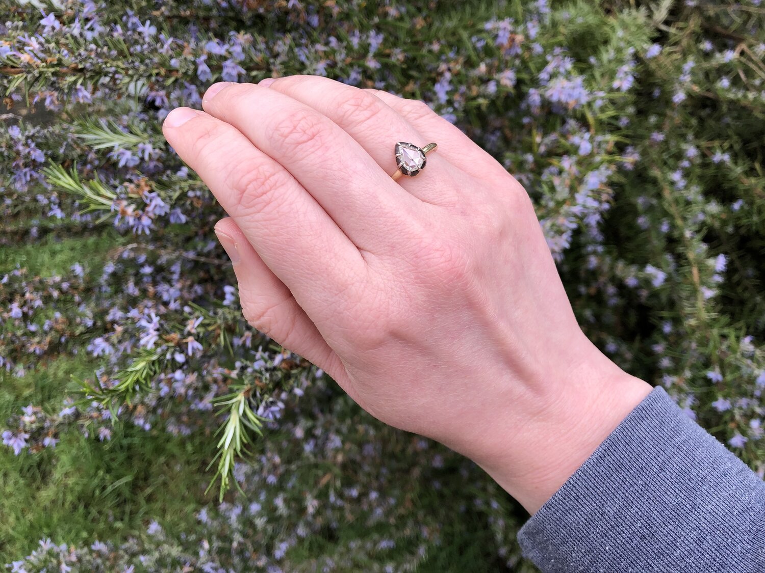 Georgian Style 14k Gold Sterling Silver Pear Shaped Rose Cut Diamond Ring