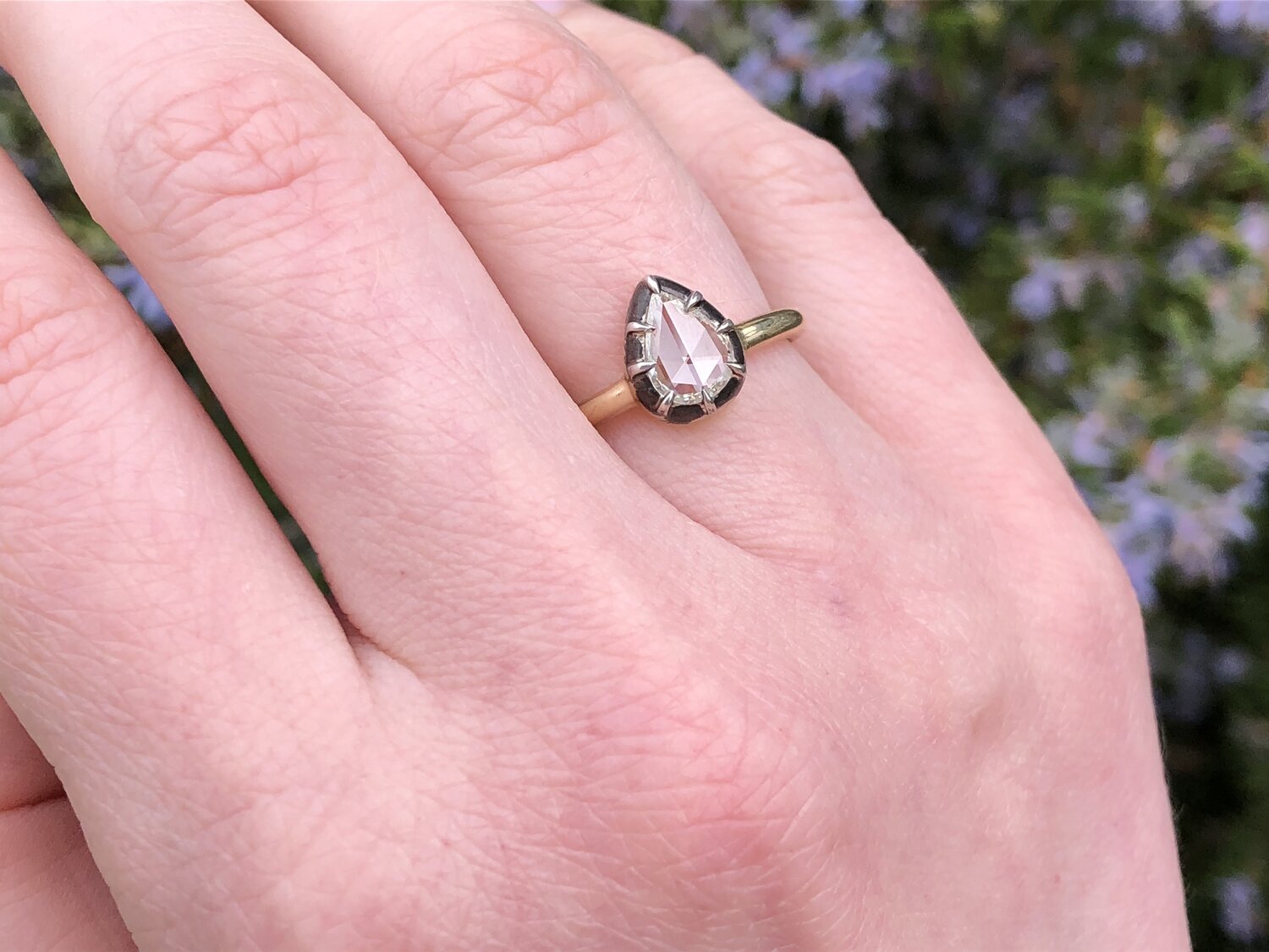 Georgian Style 14k Gold Sterling Silver Pear Shaped Rose Cut Diamond Ring