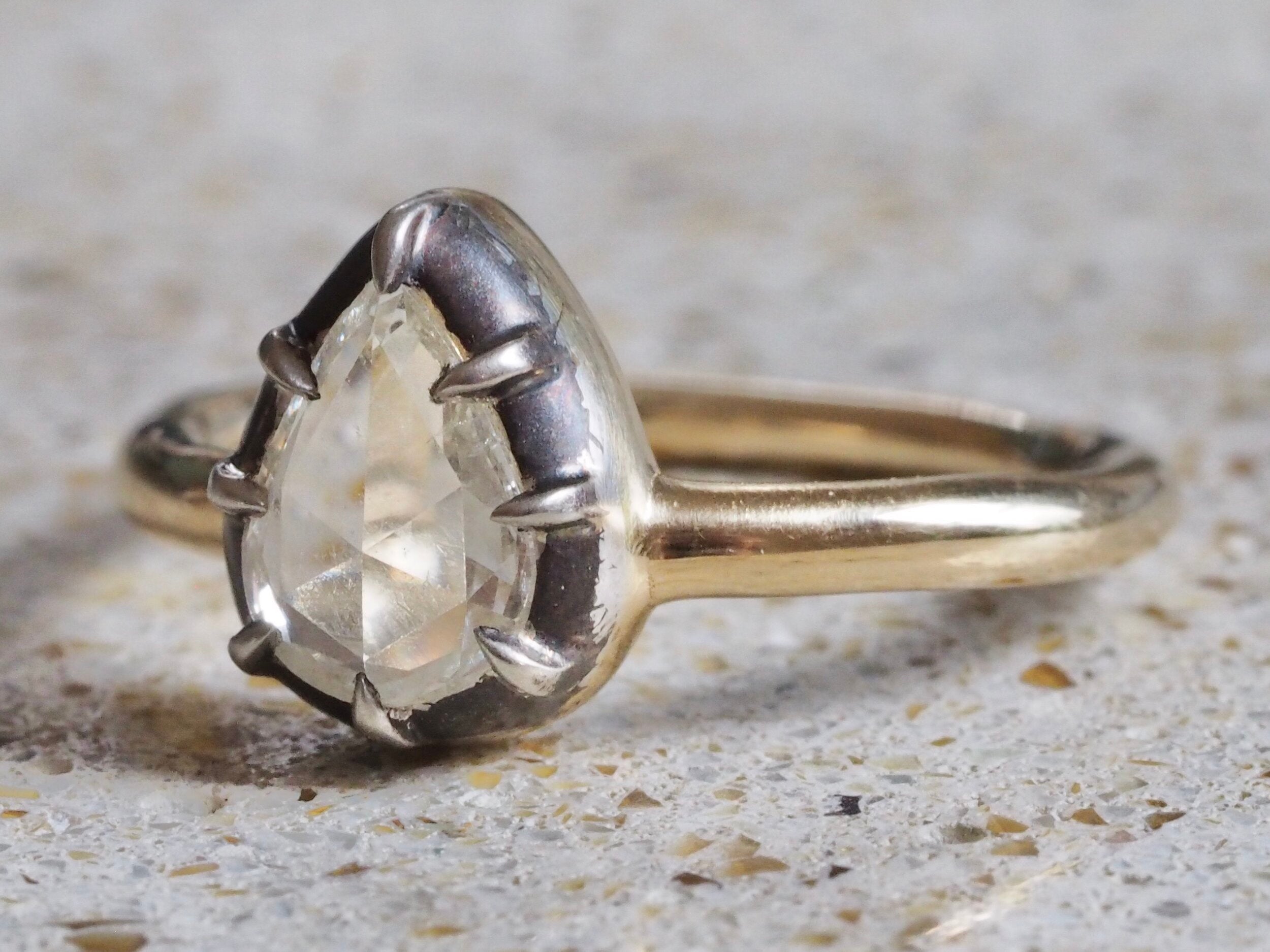 Georgian Style 14k Gold Sterling Silver Pear Shaped Rose Cut Diamond Ring