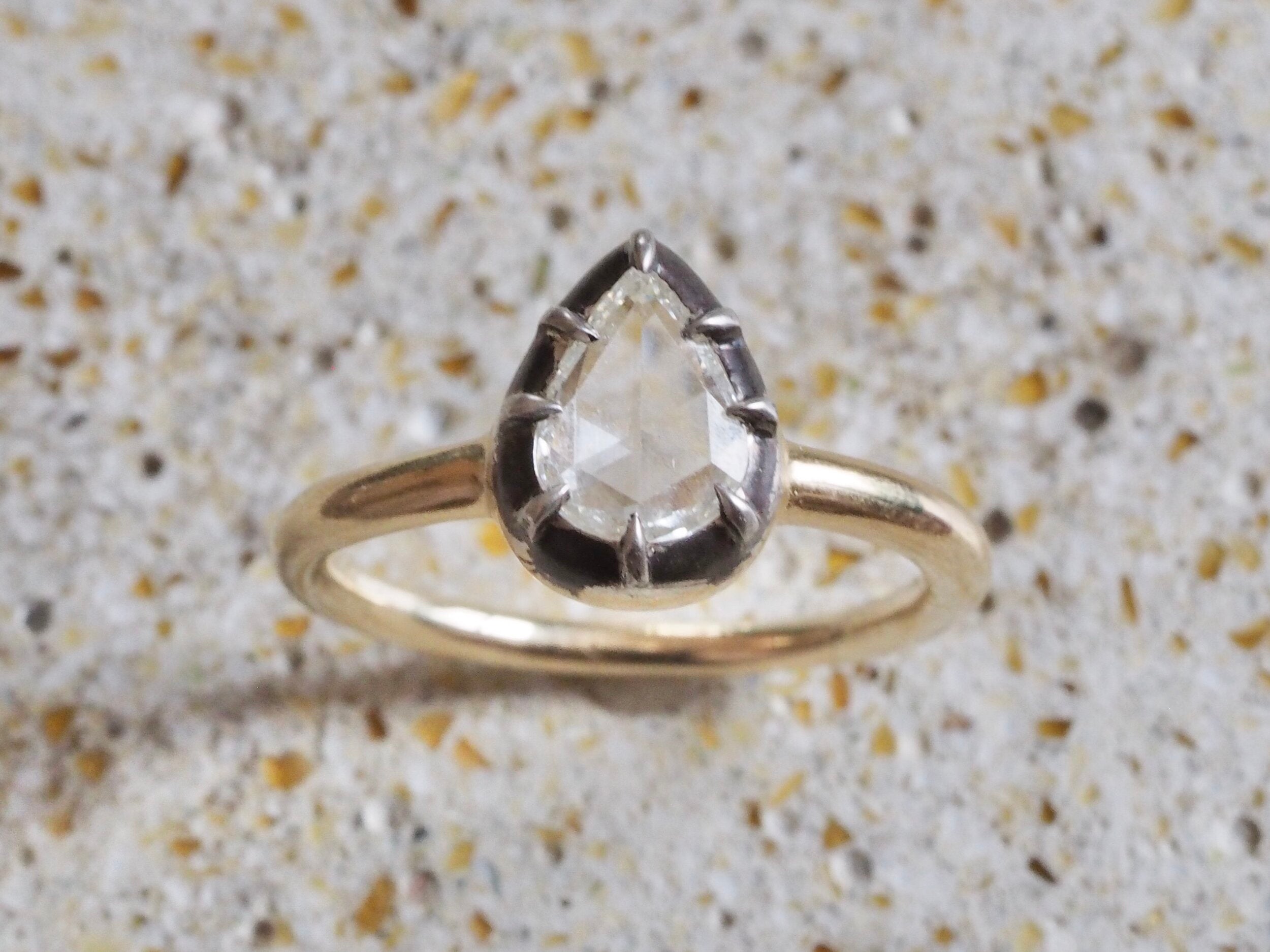 Georgian Style 14k Gold Sterling Silver Pear Shaped Rose Cut Diamond Ring