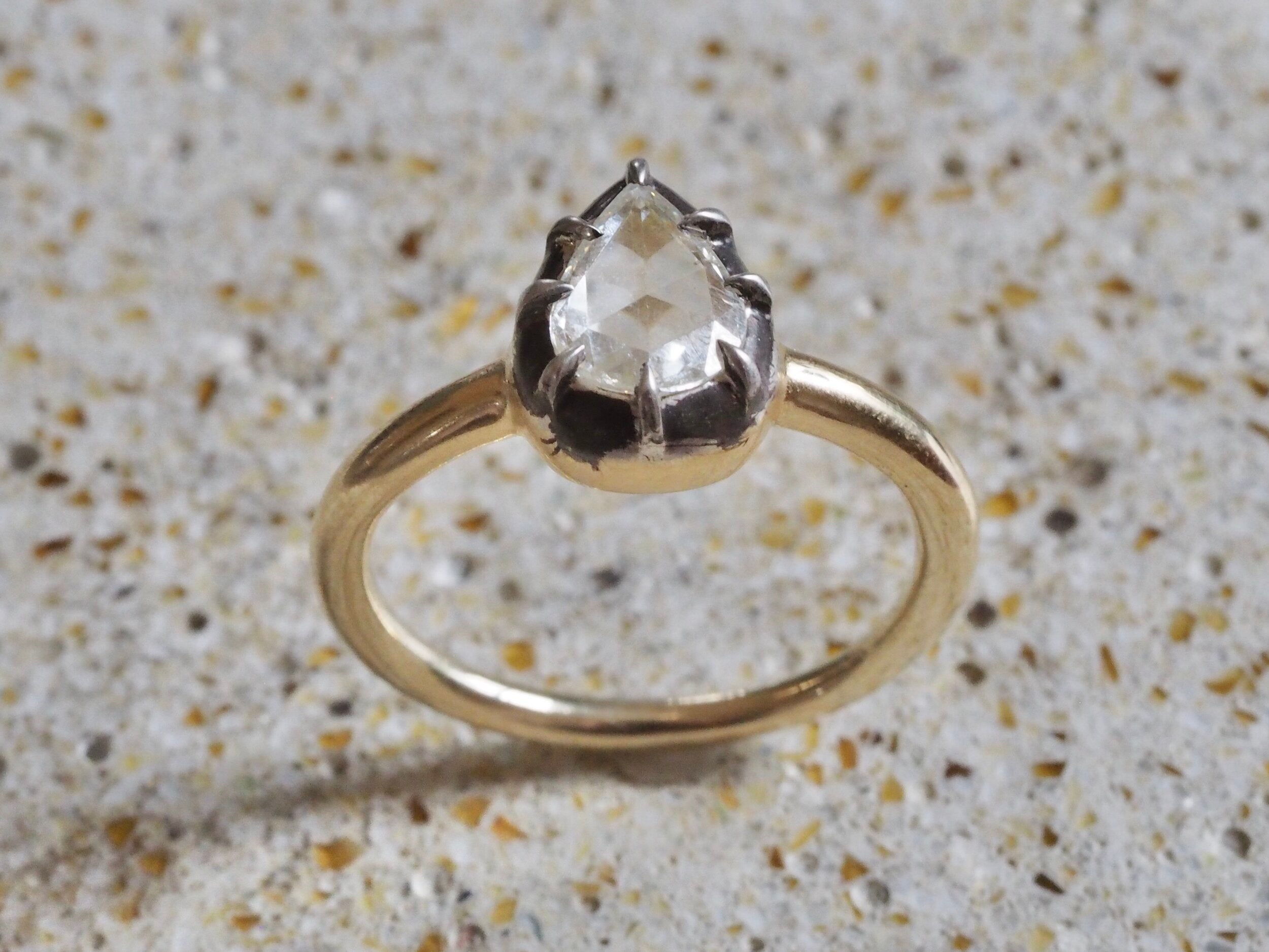 Georgian Style 14k Gold Sterling Silver Pear Shaped Rose Cut Diamond Ring