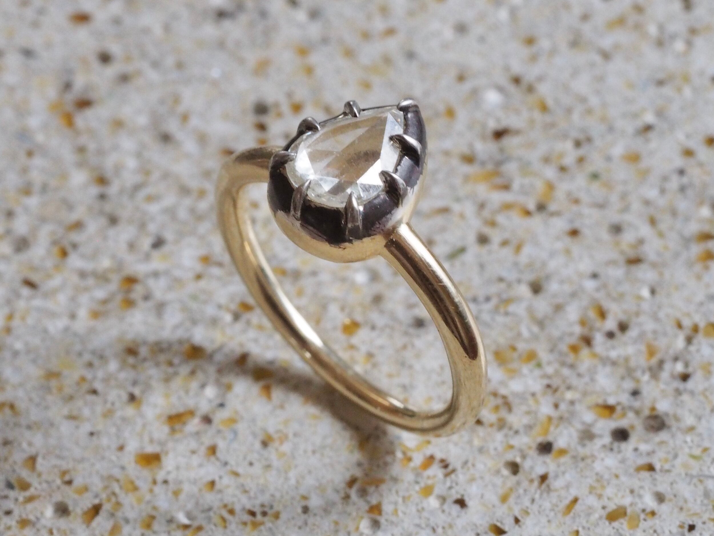Georgian Style 14k Gold Sterling Silver Pear Shaped Rose Cut Diamond Ring