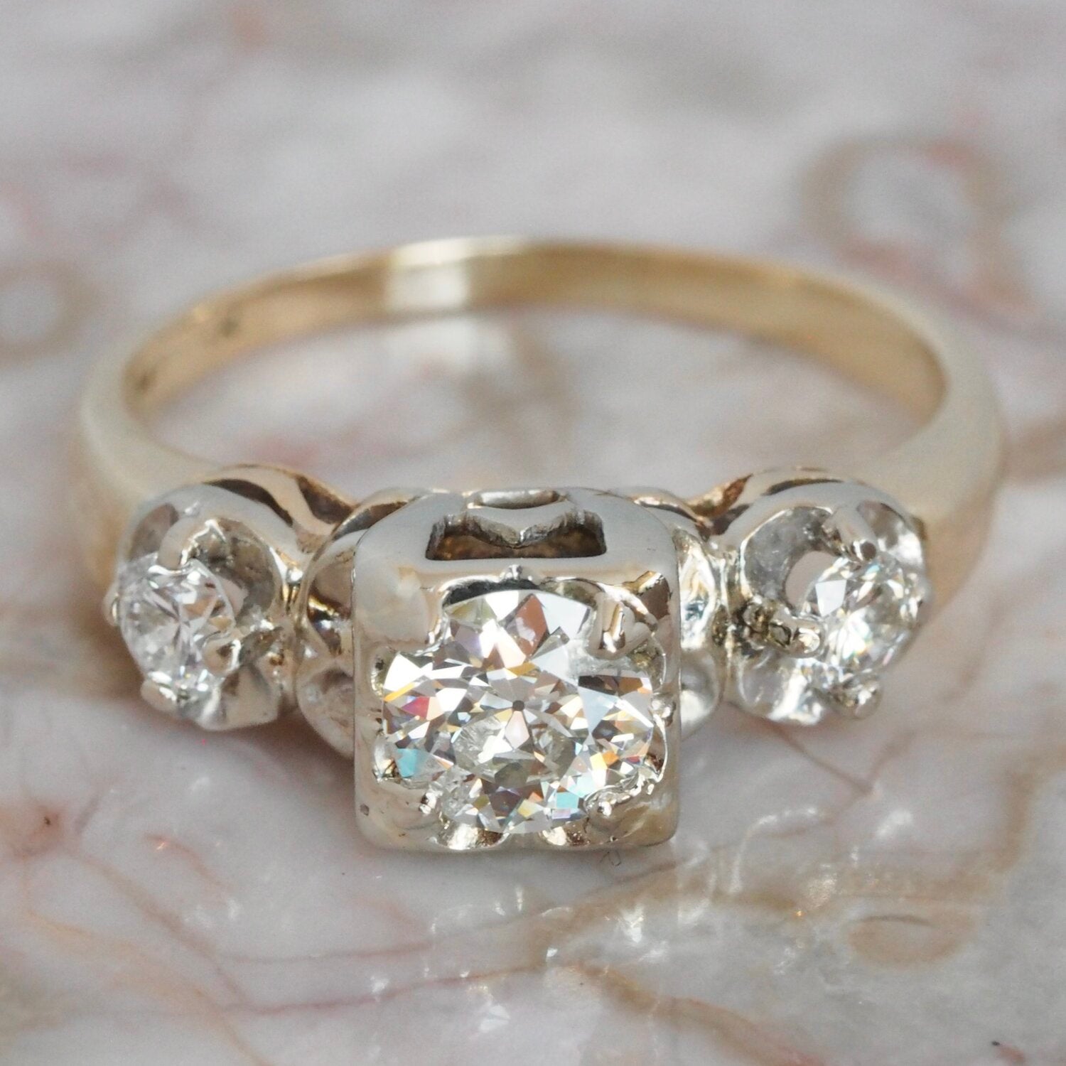Midcentury Two Tone 14k Gold Old European Cut Diamond Ring