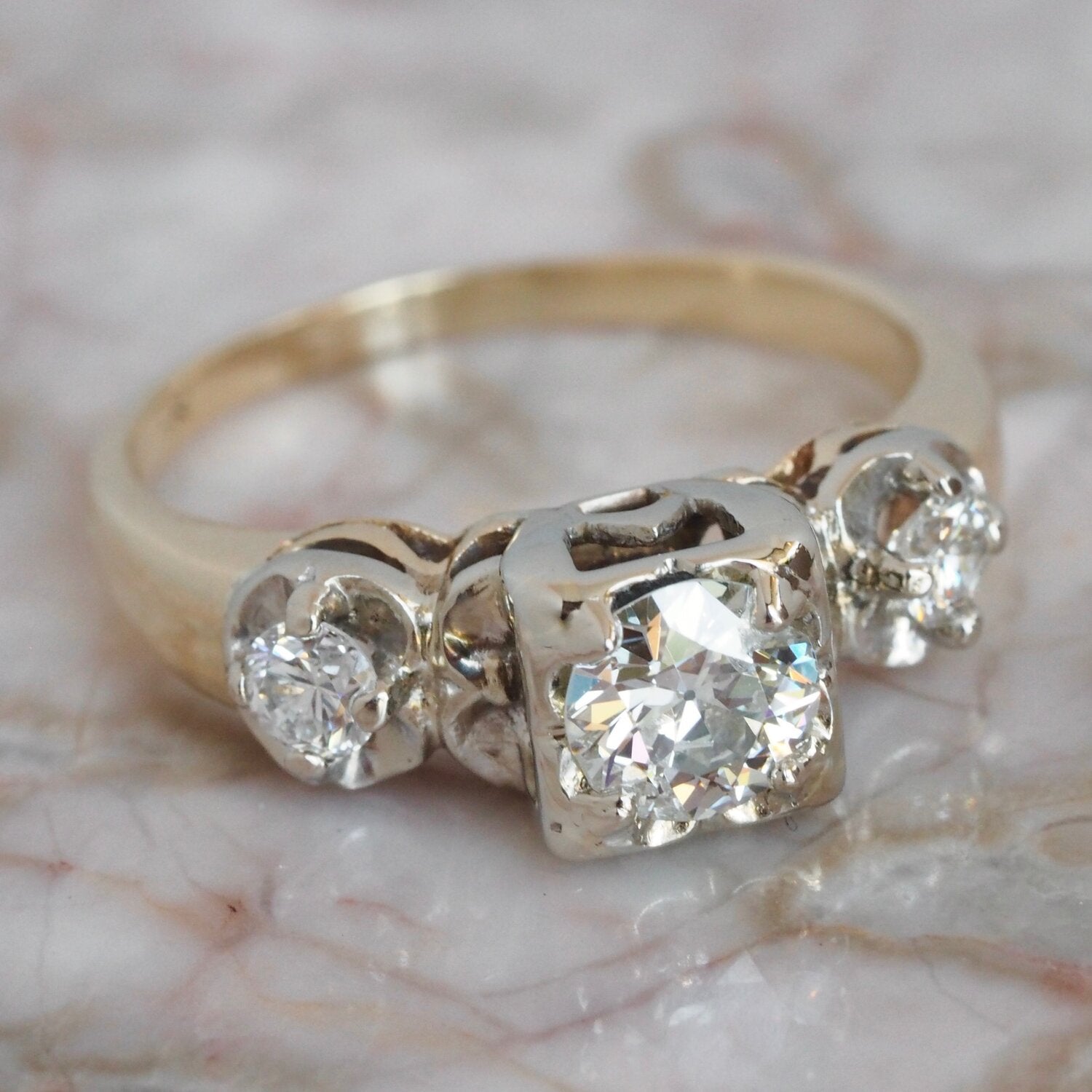 Midcentury Two Tone 14k Gold Old European Cut Diamond Ring