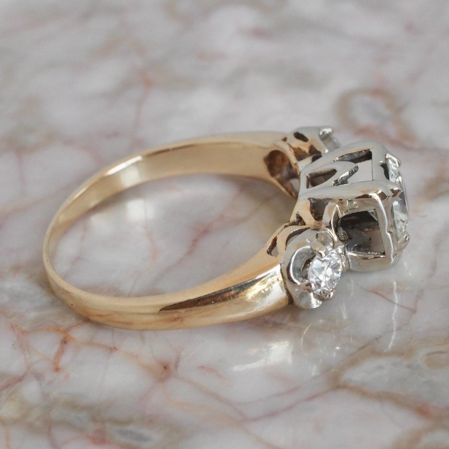 Midcentury Two Tone 14k Gold Old European Cut Diamond Ring