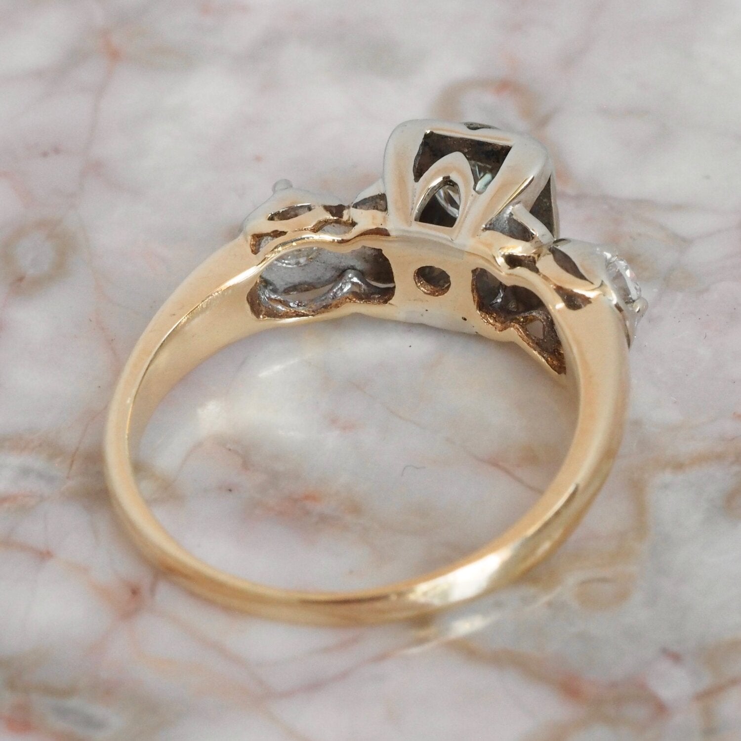 Midcentury Two Tone 14k Gold Old European Cut Diamond Ring