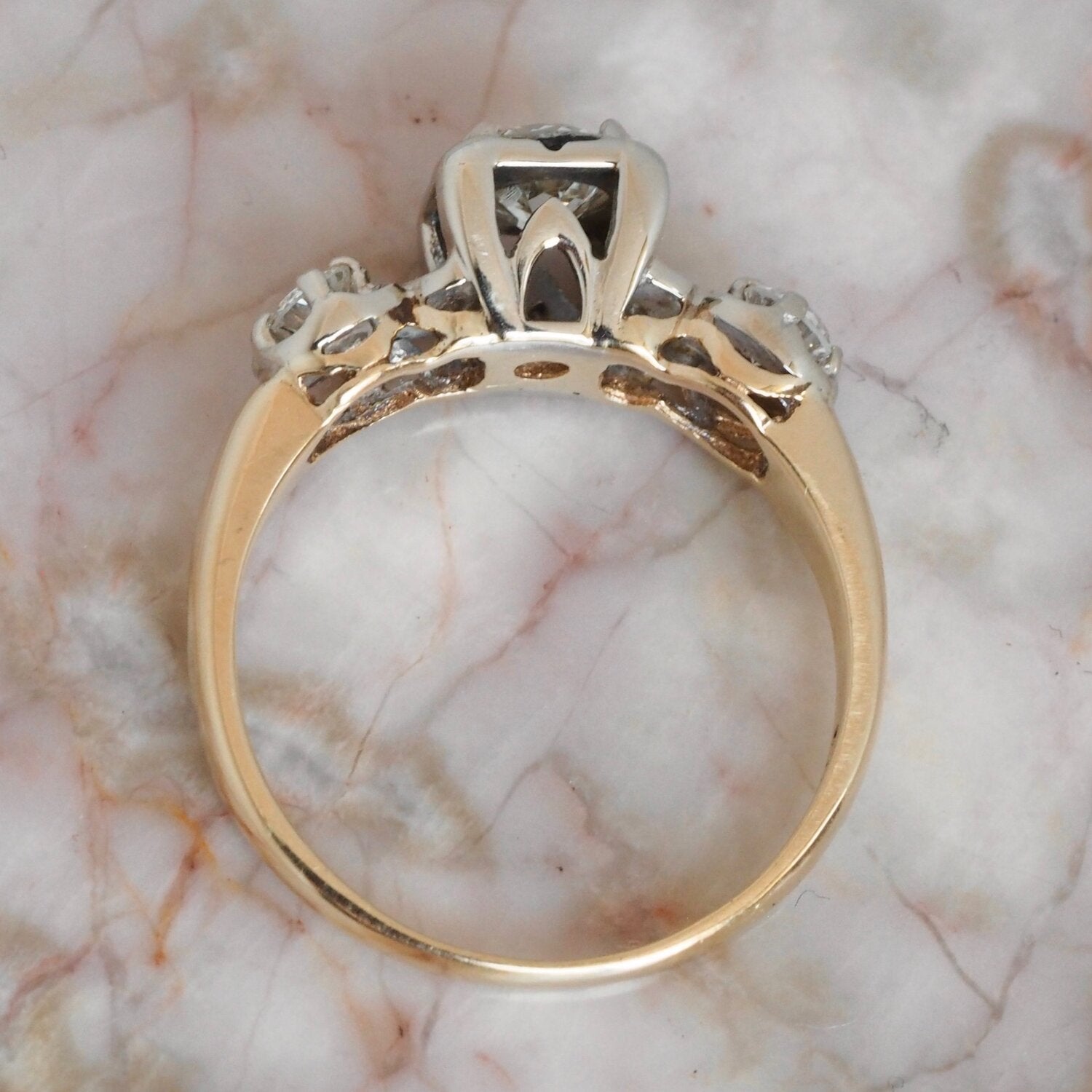 Midcentury Two Tone 14k Gold Old European Cut Diamond Ring