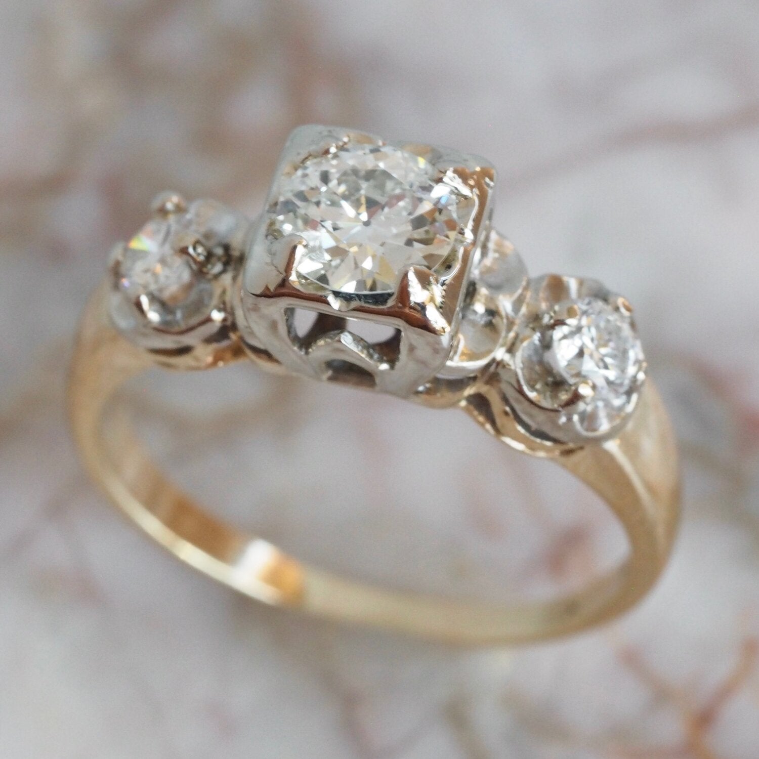 Midcentury Two Tone 14k Gold Old European Cut Diamond Ring