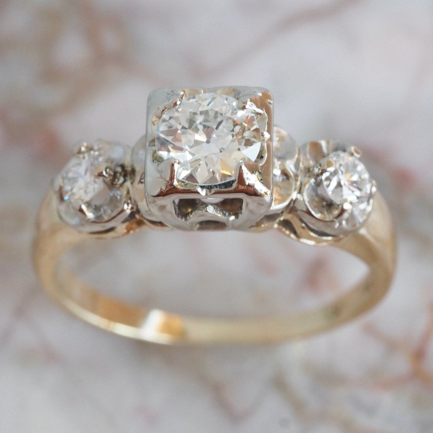 Midcentury Two Tone 14k Gold Old European Cut Diamond Ring