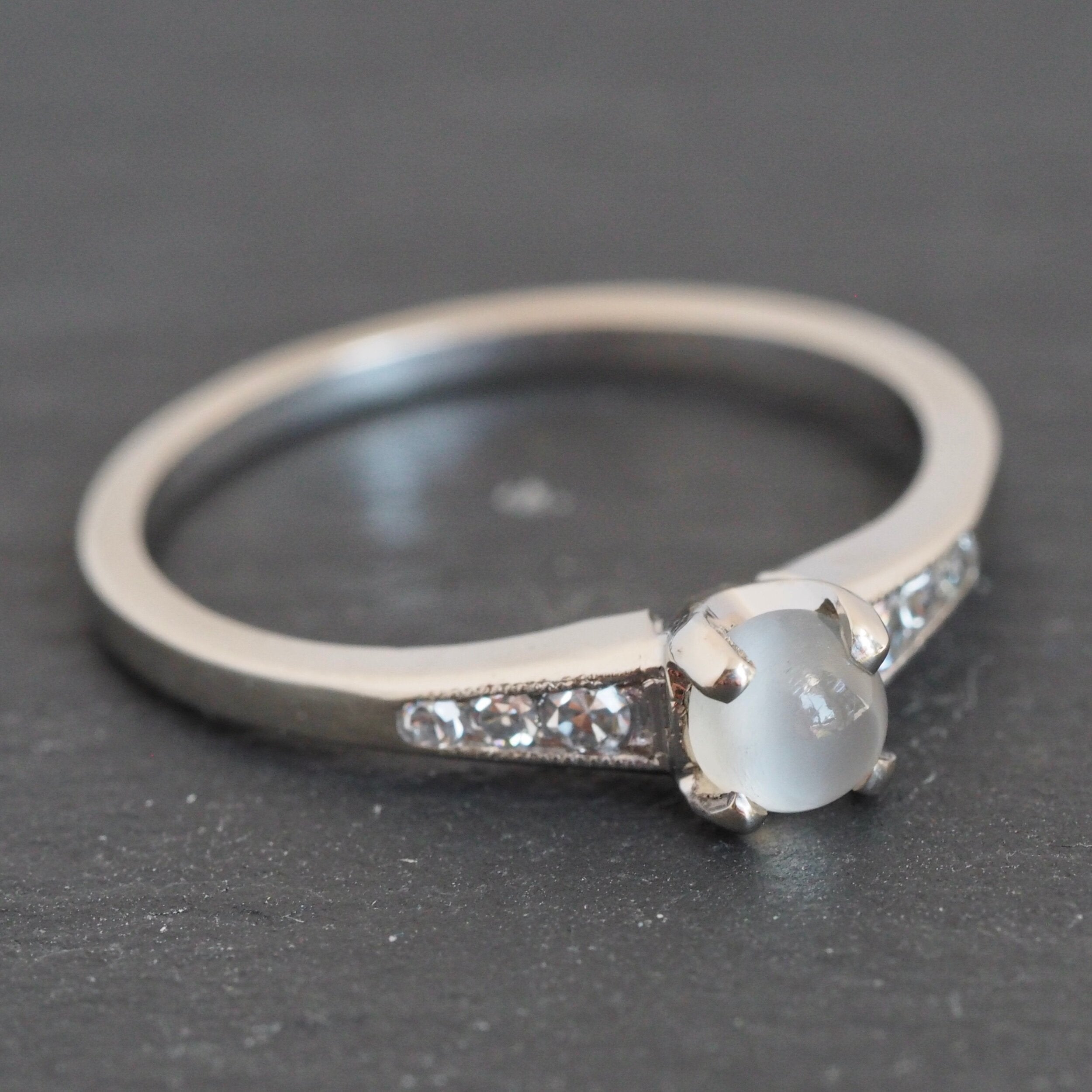Midcentury 14k White Gold Moonstone and Diamond Solitaire Ring