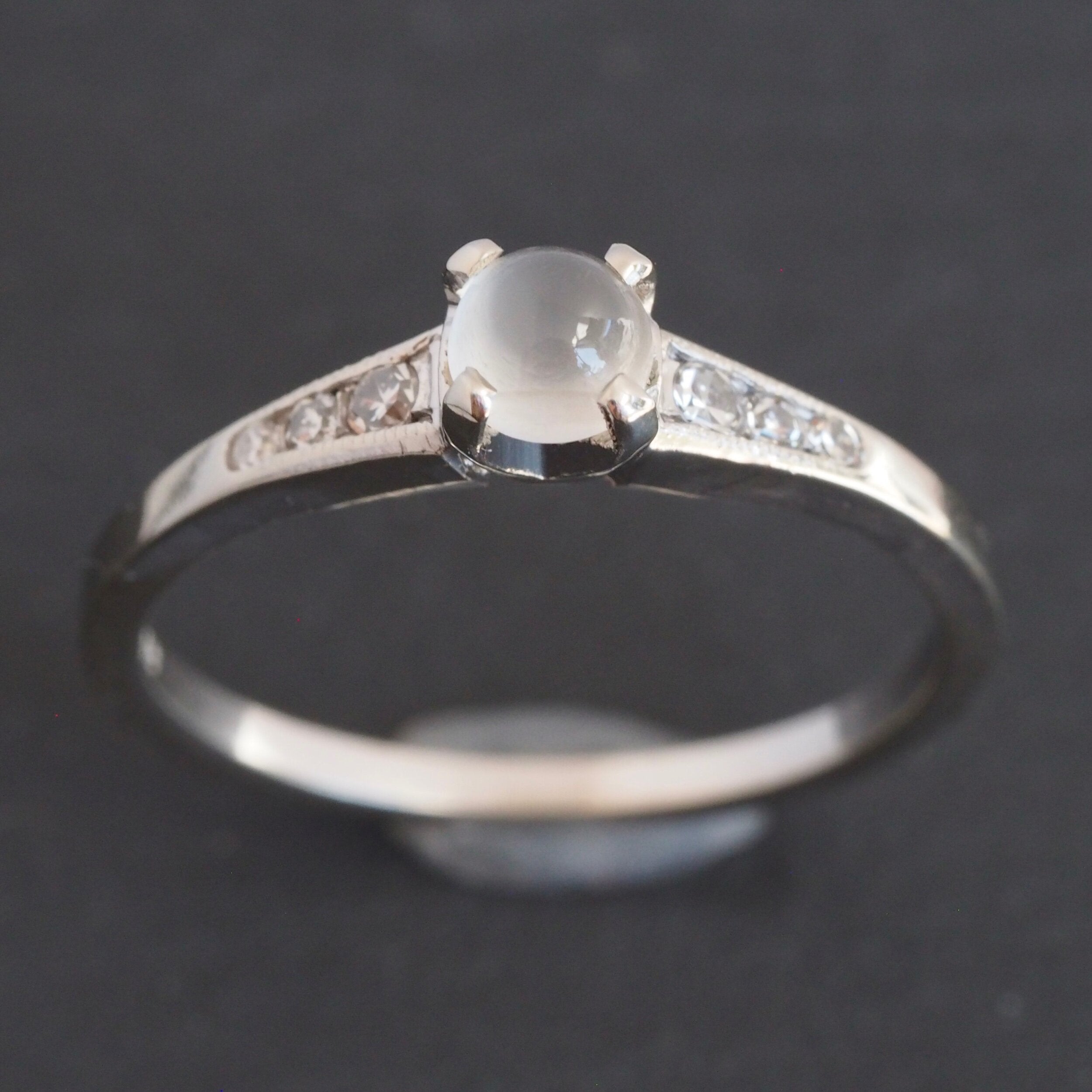 Midcentury 14k White Gold Moonstone and Diamond Solitaire Ring
