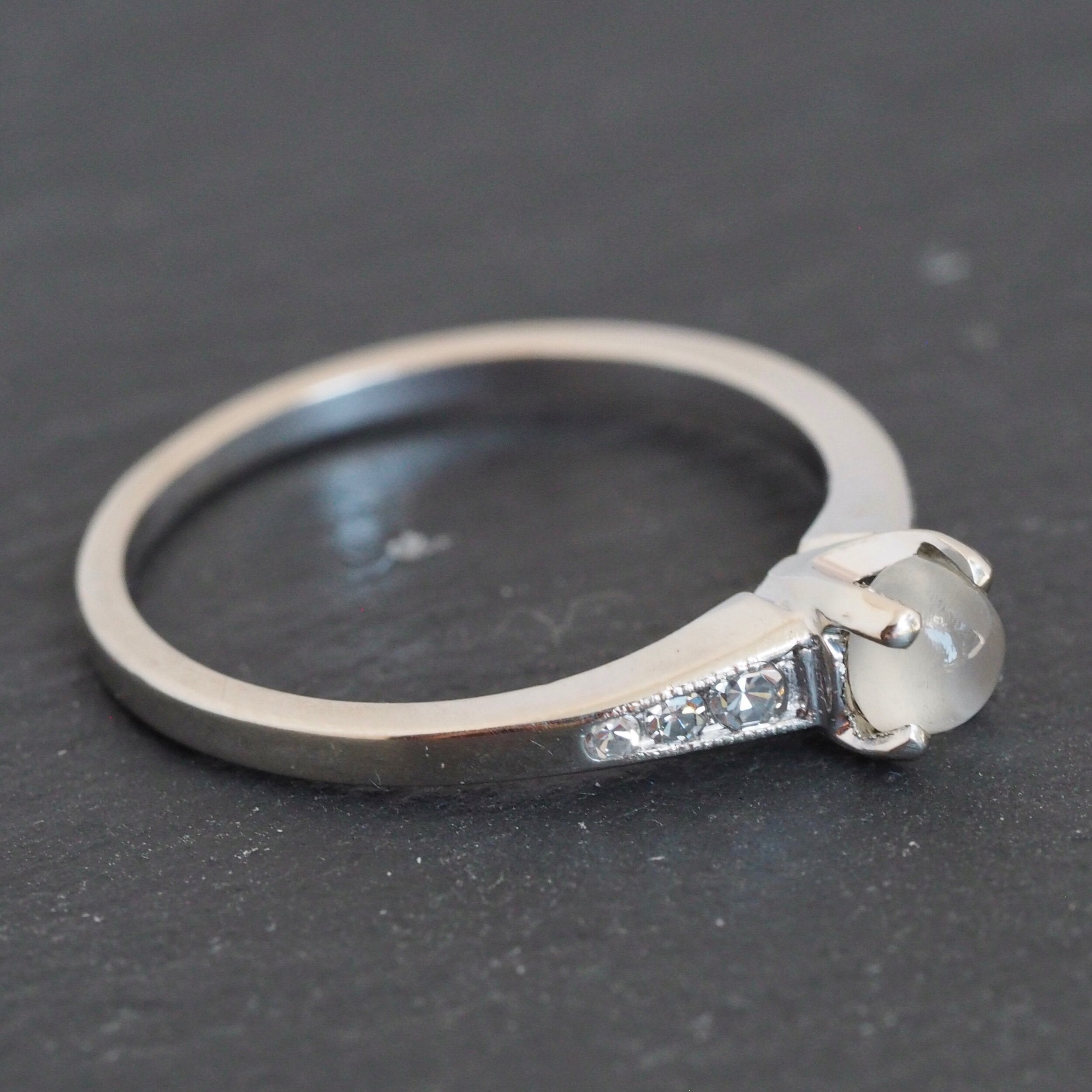 Midcentury 14k White Gold Moonstone and Diamond Solitaire Ring