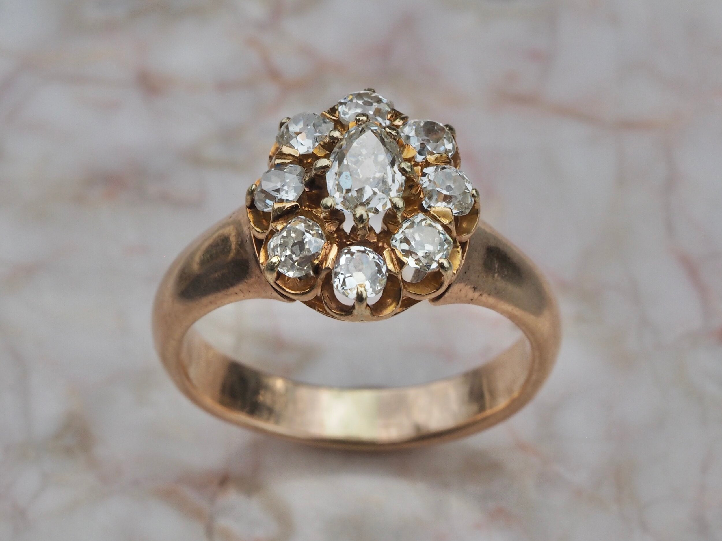 Victorian 14k Gold Old Mine Cut Diamond Cluster Ring