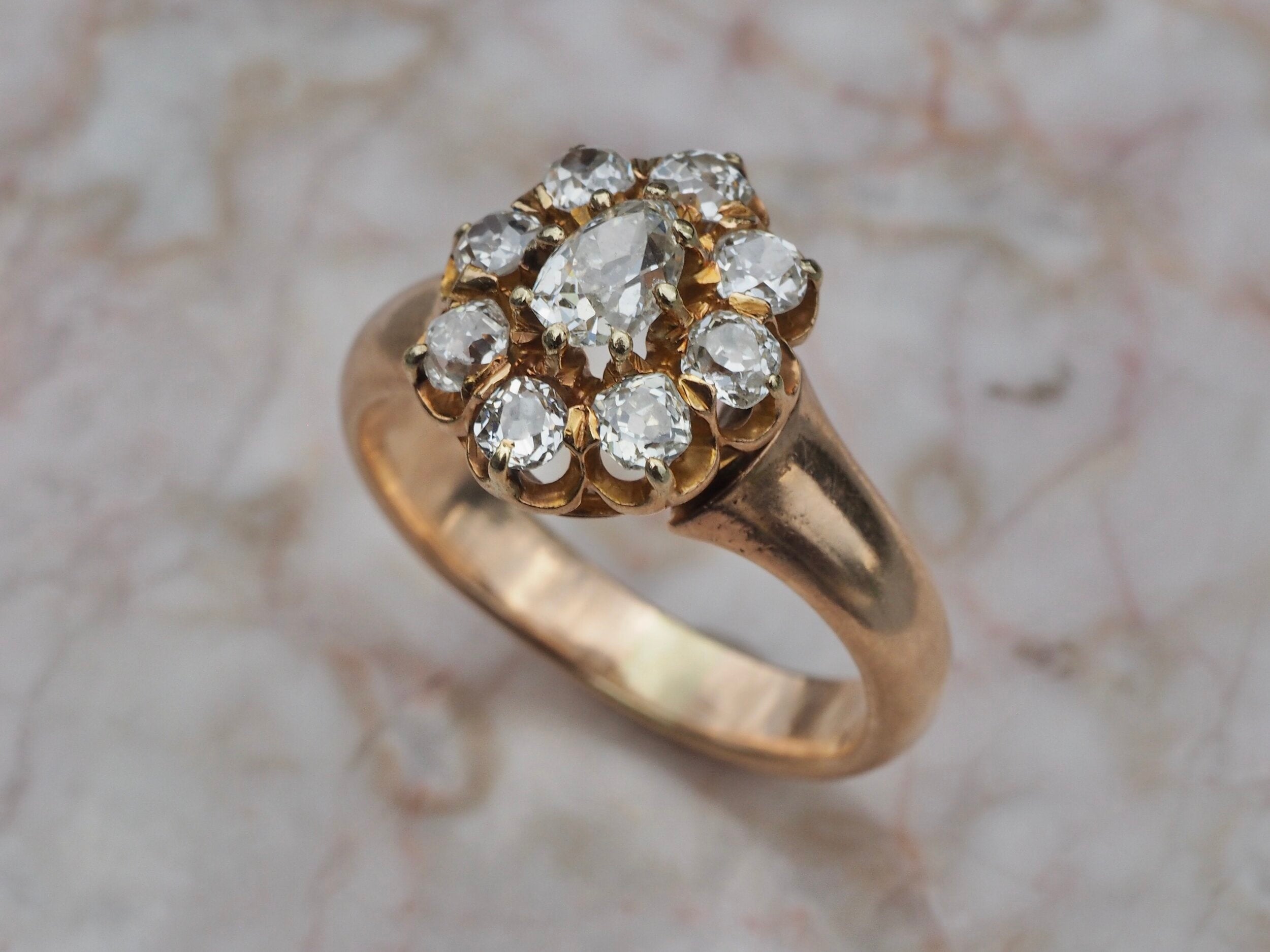 Victorian 14k Gold Old Mine Cut Diamond Cluster Ring