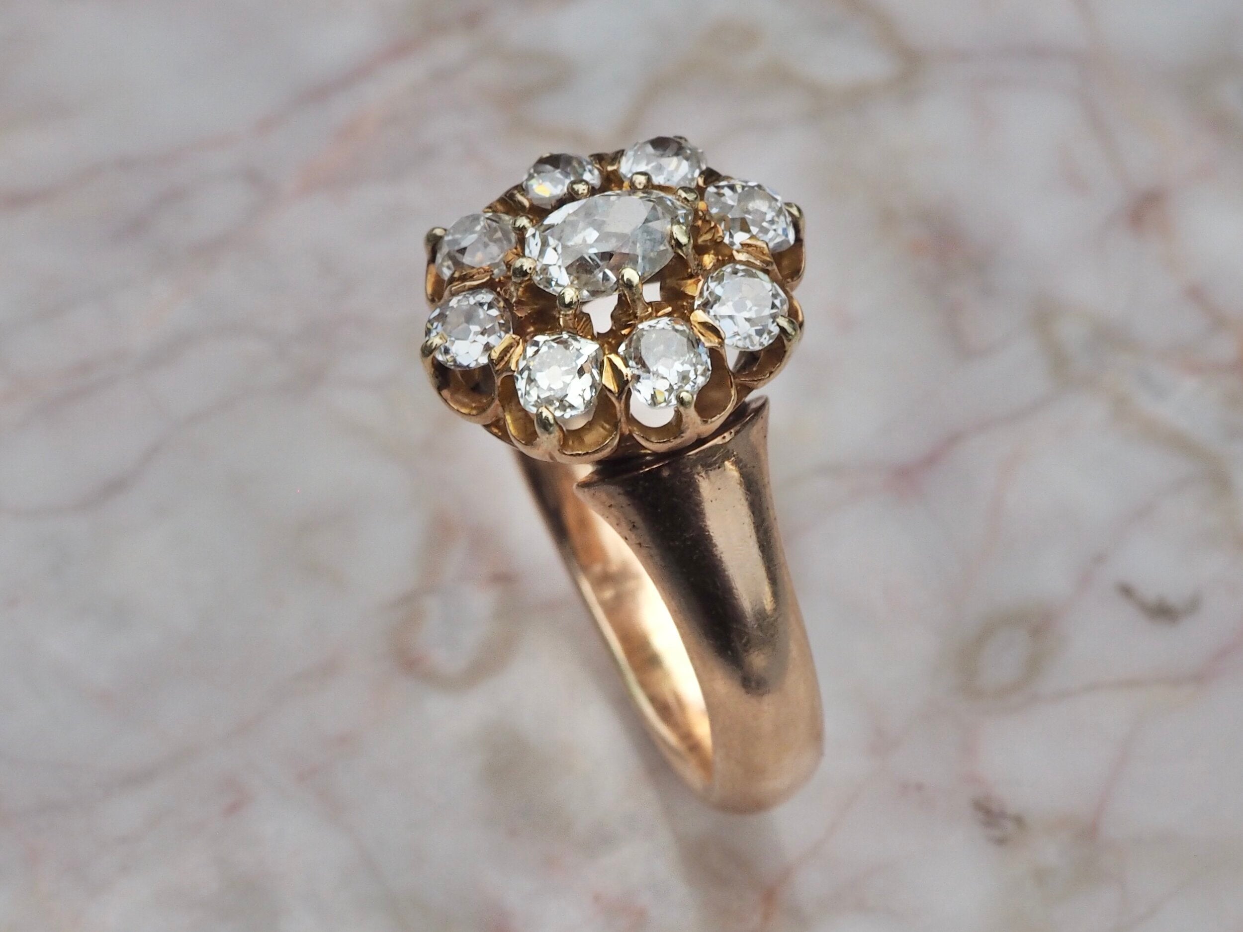 Victorian 14k Gold Old Mine Cut Diamond Cluster Ring