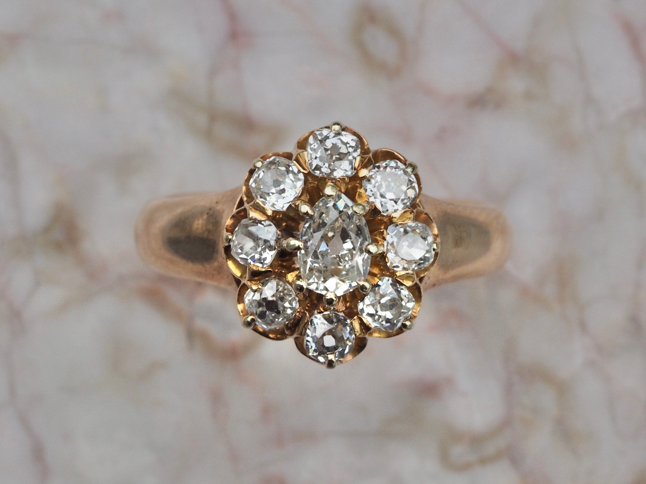 Victorian 14k Gold Old Mine Cut Diamond Cluster Ring