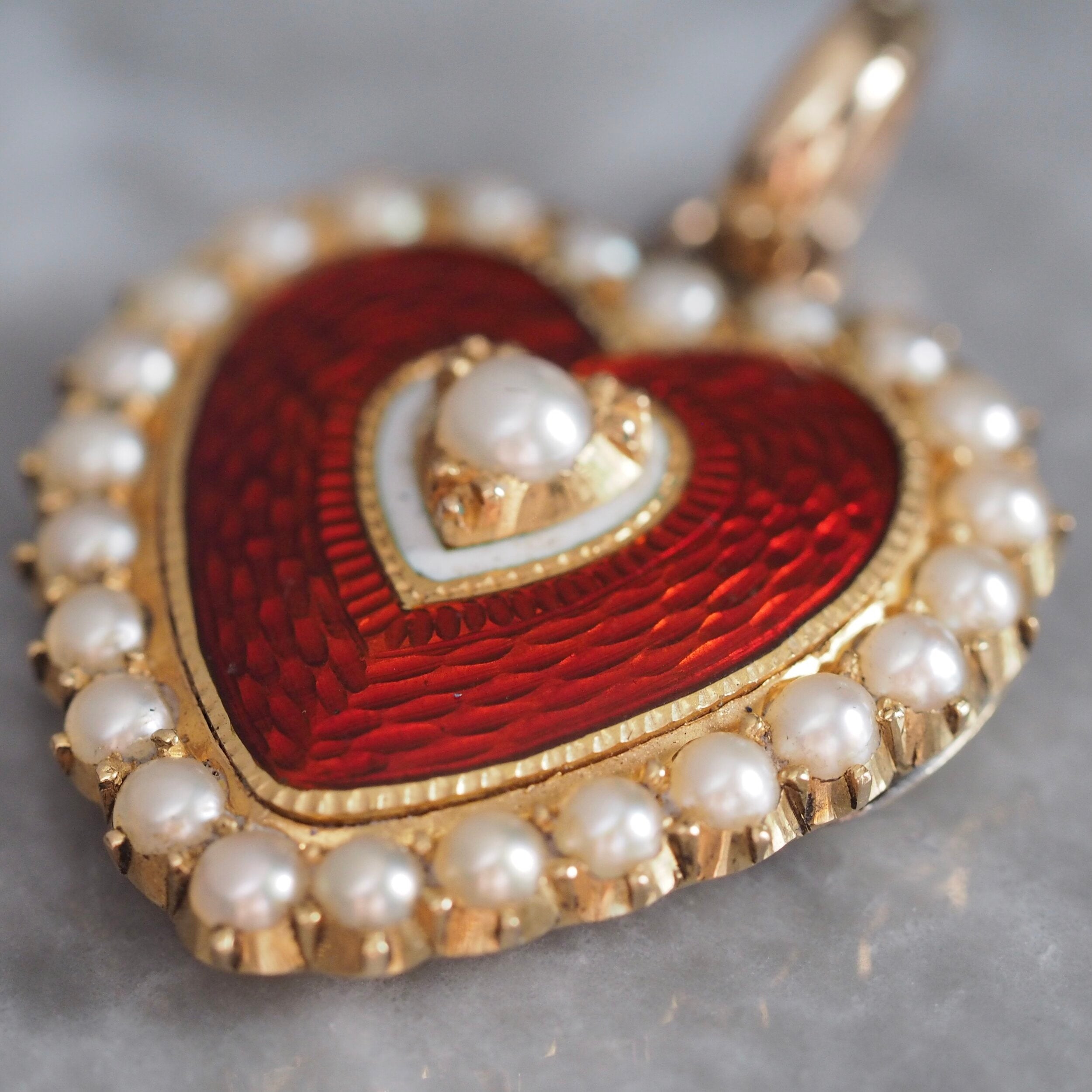 Victorian English 14k Gold Enamel Guilloche Seed Pearl Heart