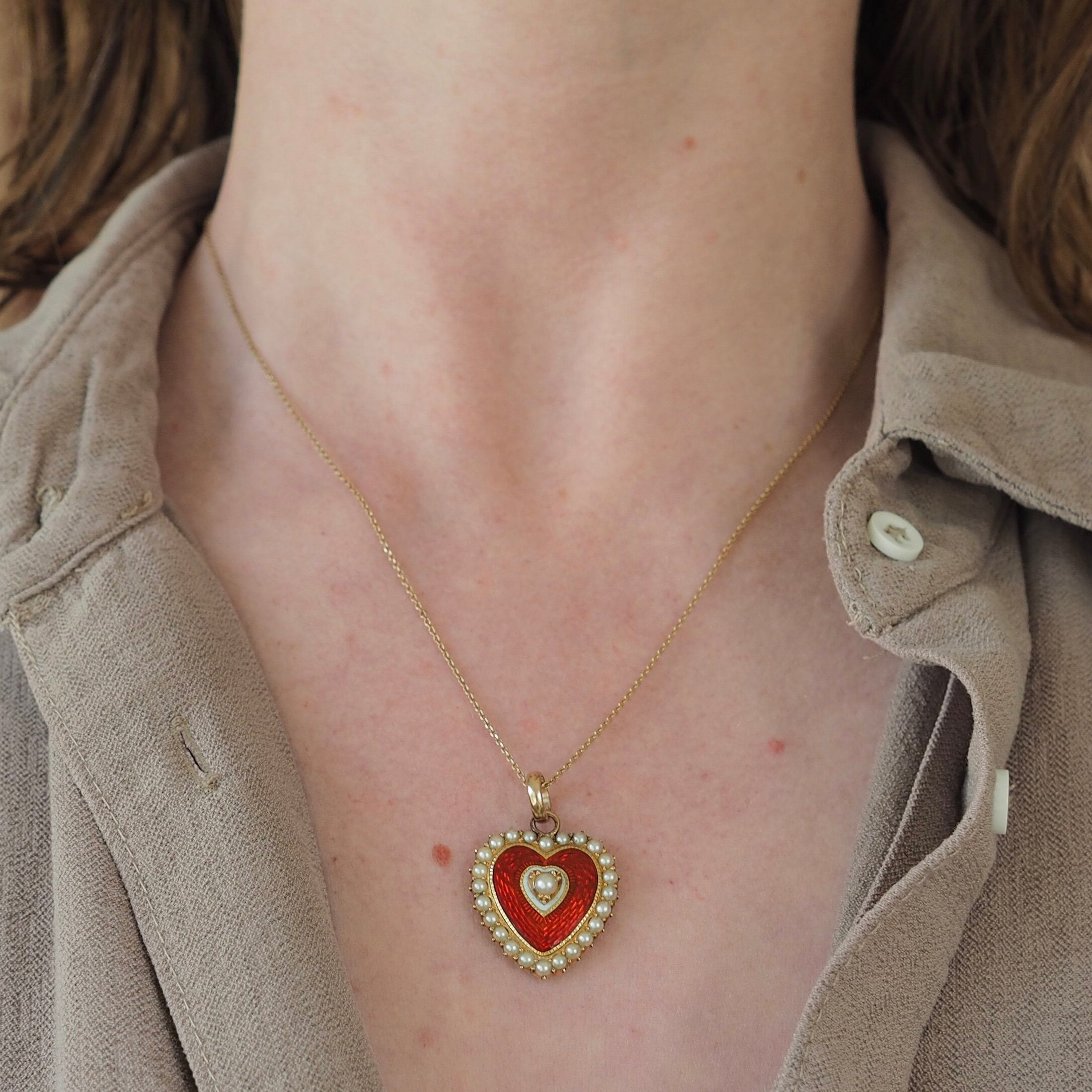 Victorian English 14k Gold Enamel Guilloche Seed Pearl Heart