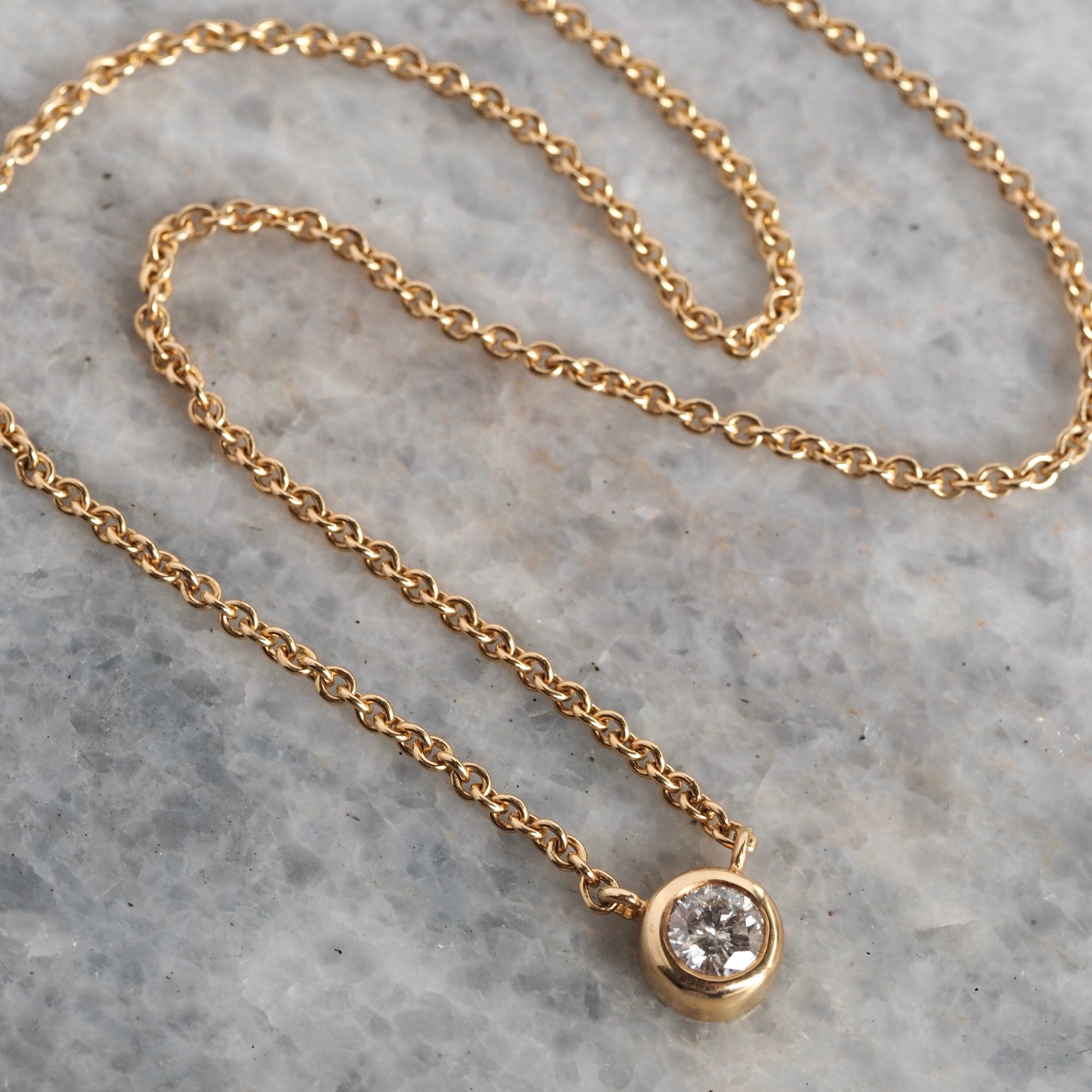 Vintage 14k Gold Bezel Set Diamond Solitaire Necklace