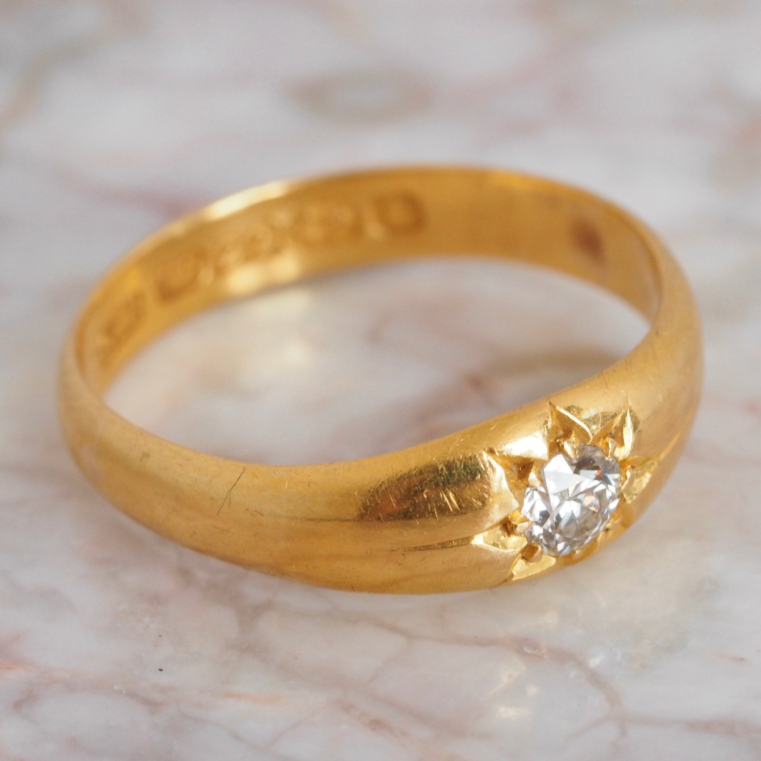 Antique English 22k Gold Old European Cut Flush Set Diamond Starburst Ring