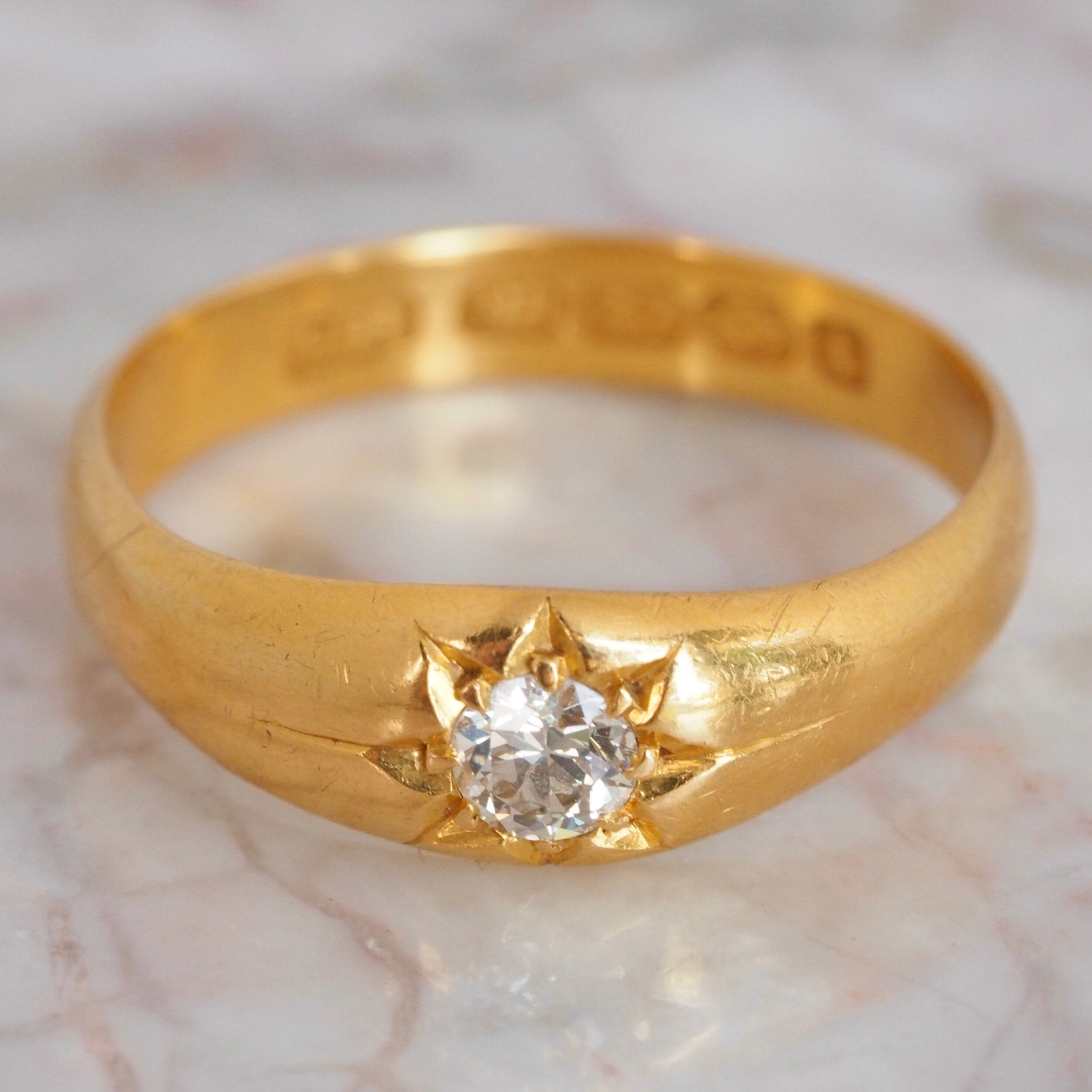 Antique English 22k Gold Old European Cut Flush Set Diamond Starburst Ring
